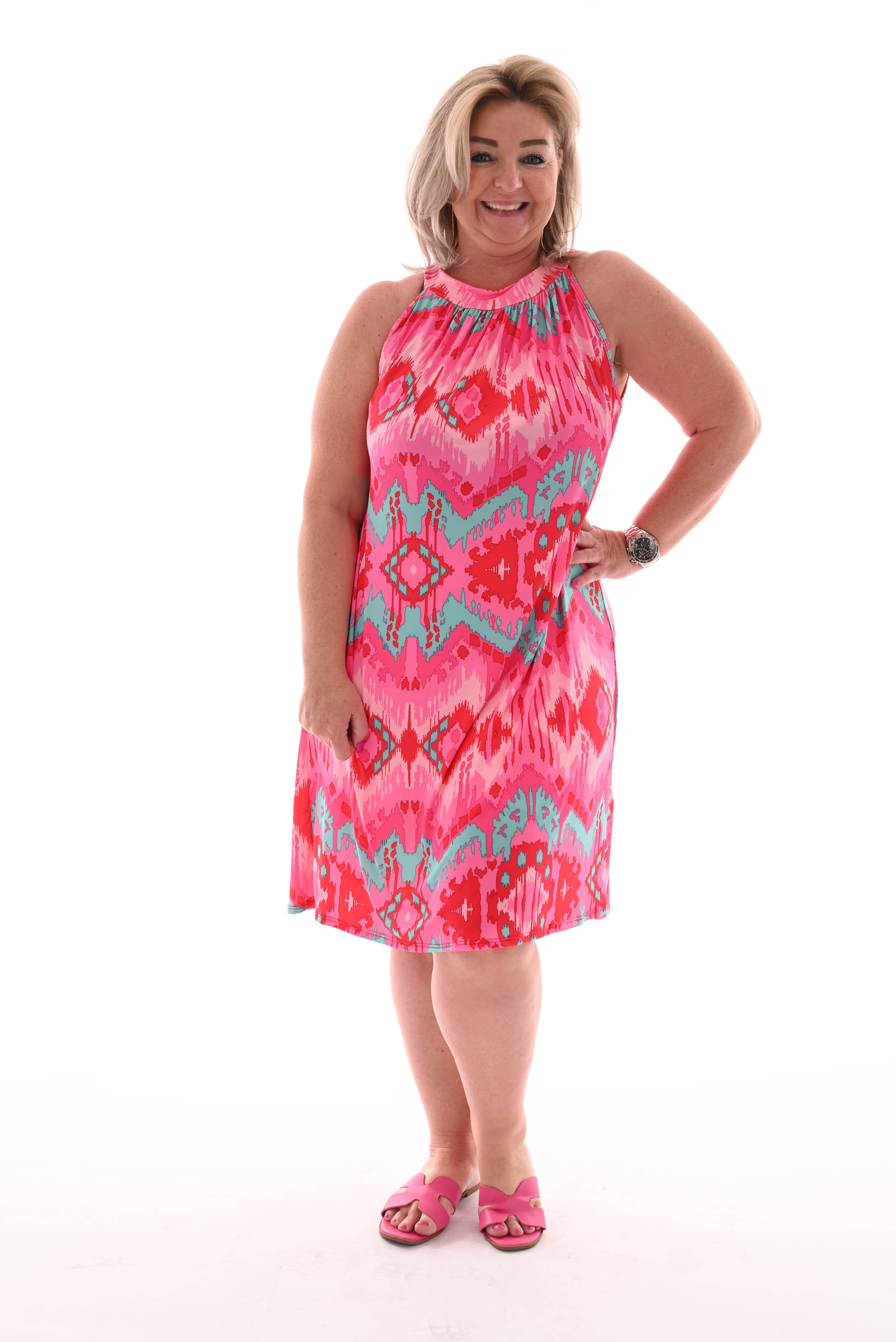 Halter jurk print wave roze/blauw
