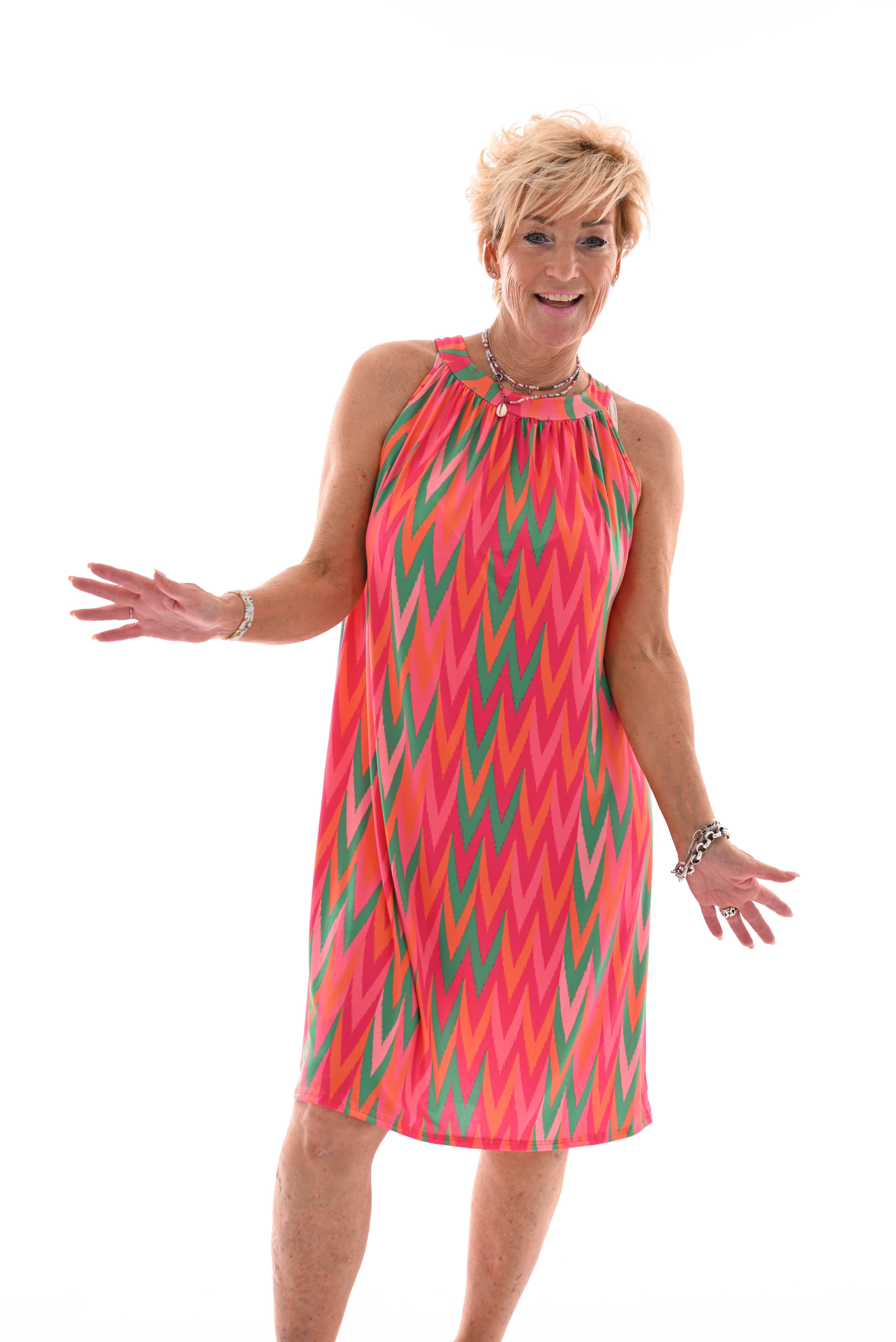 Halter jurk print zigzag fuchsia/groen