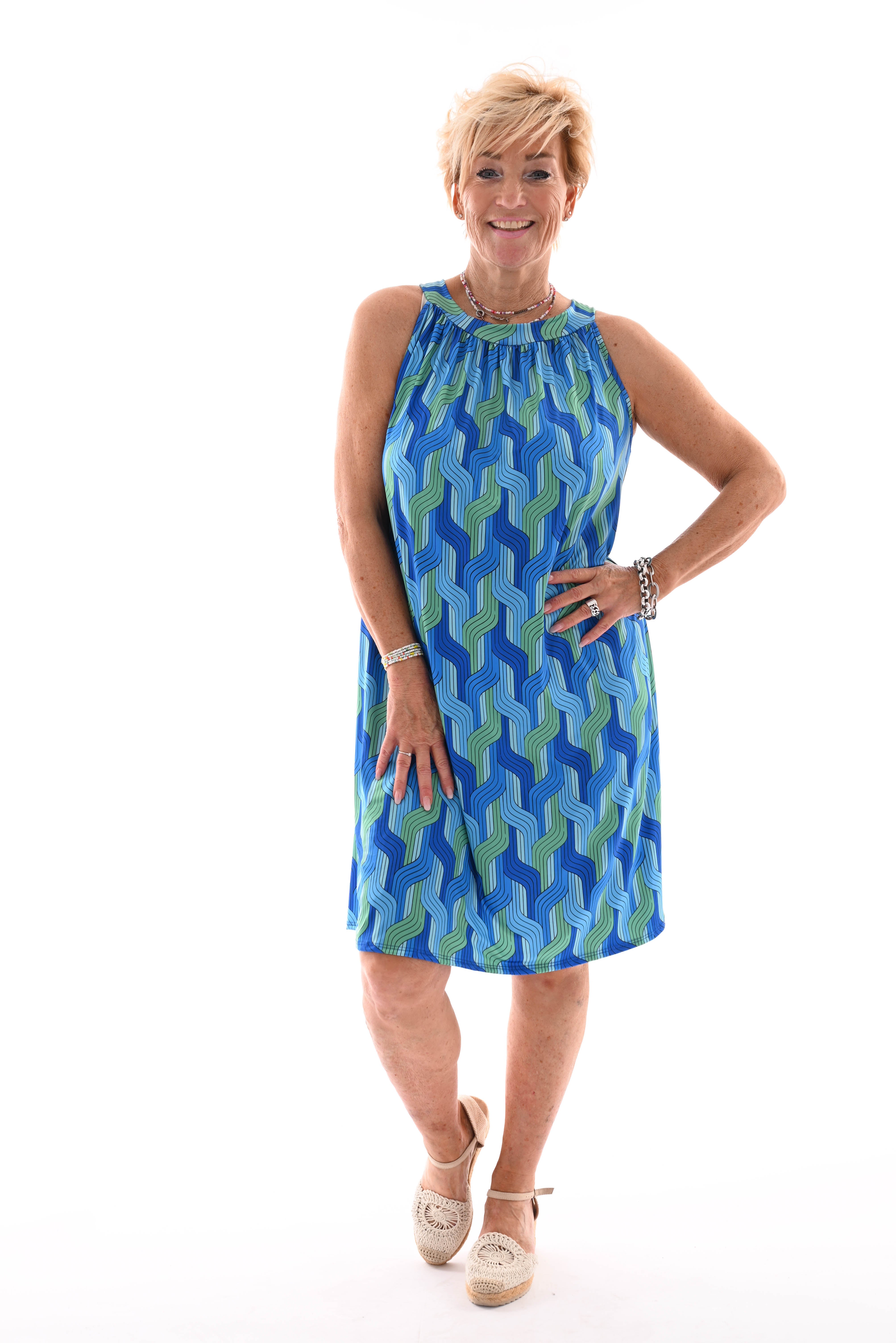 Halter jurk print weef kobaltblauw/groen
