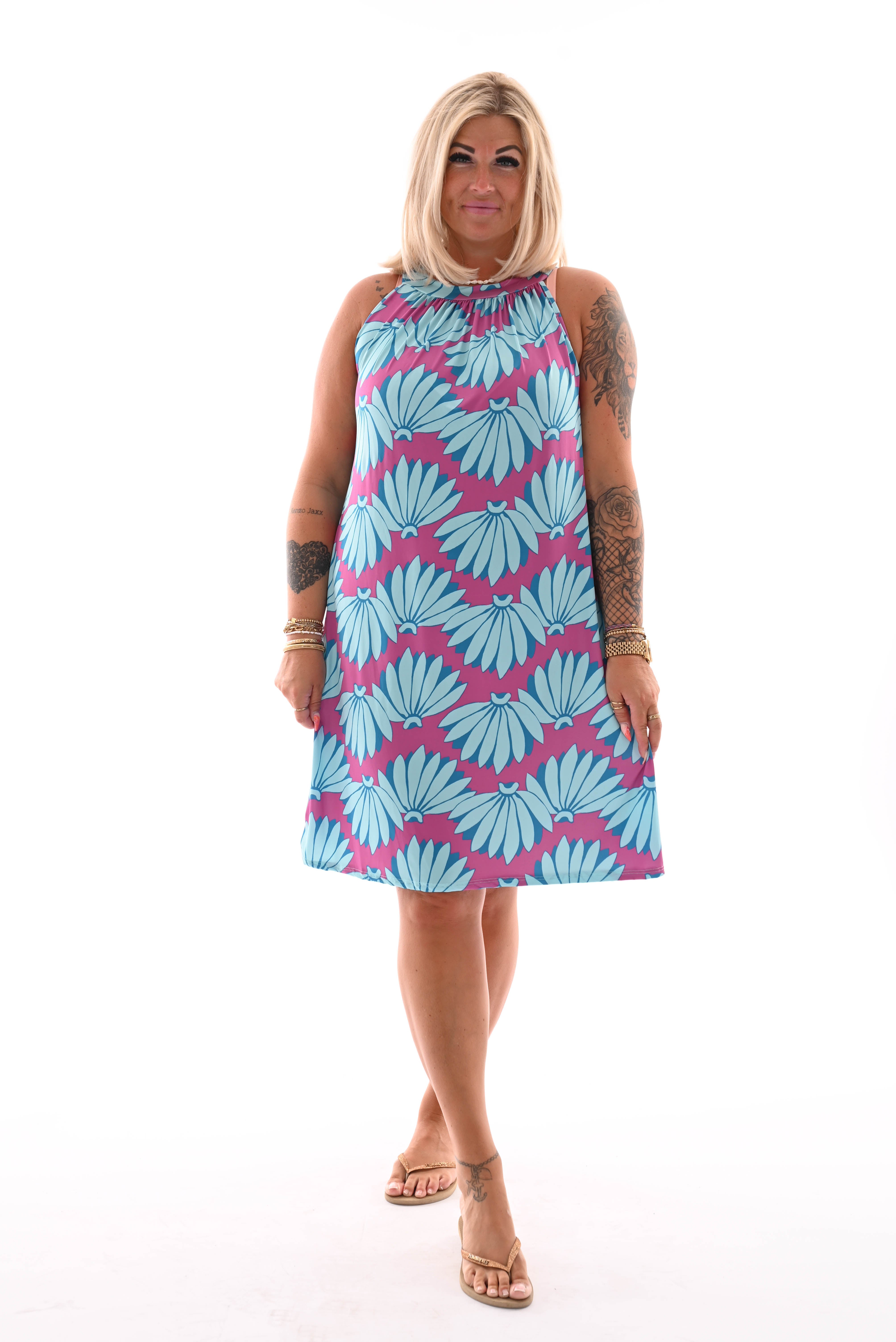 Halter jurk print bloemen magenta/blauw