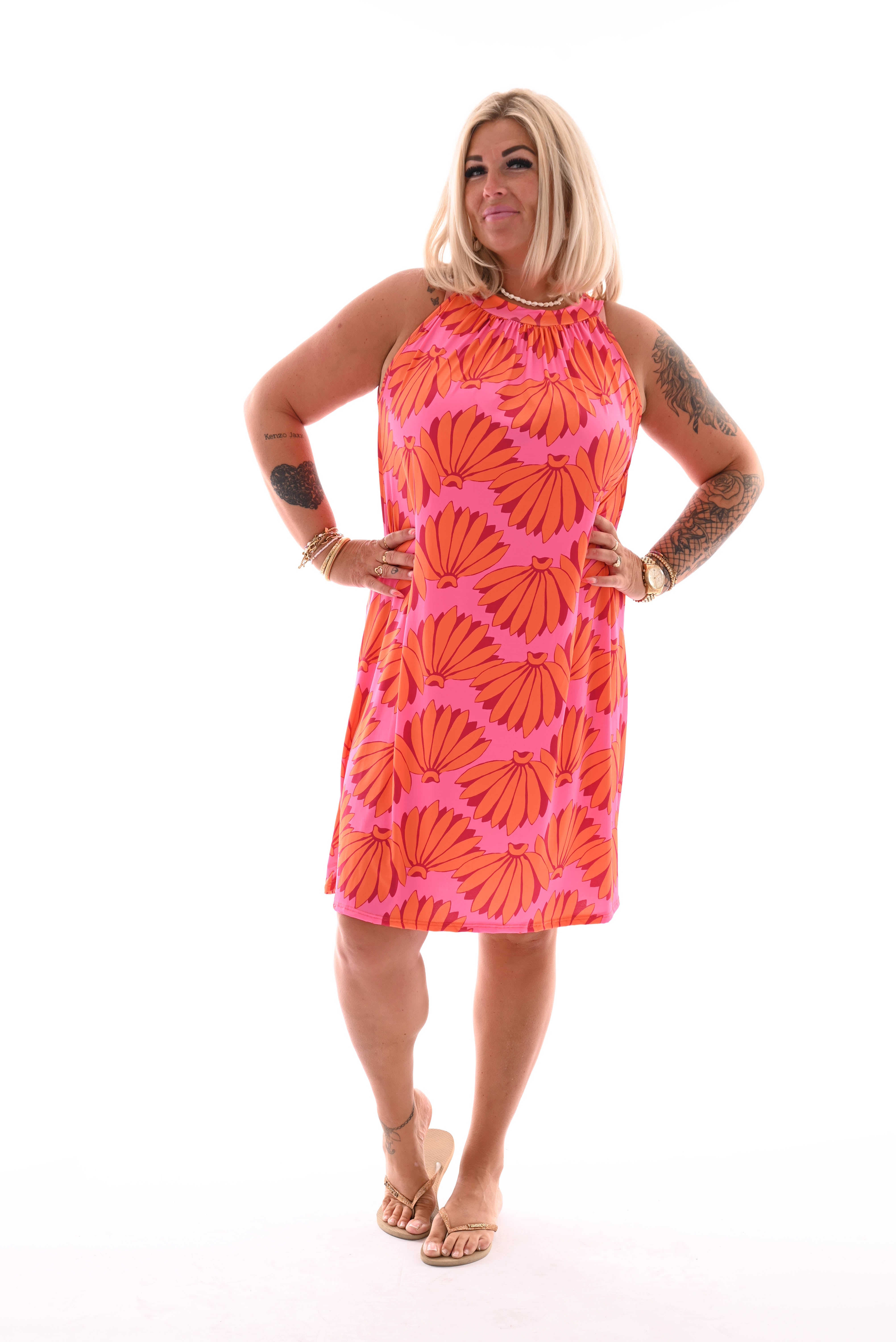 Halter jurk print bloemen roze/oranje