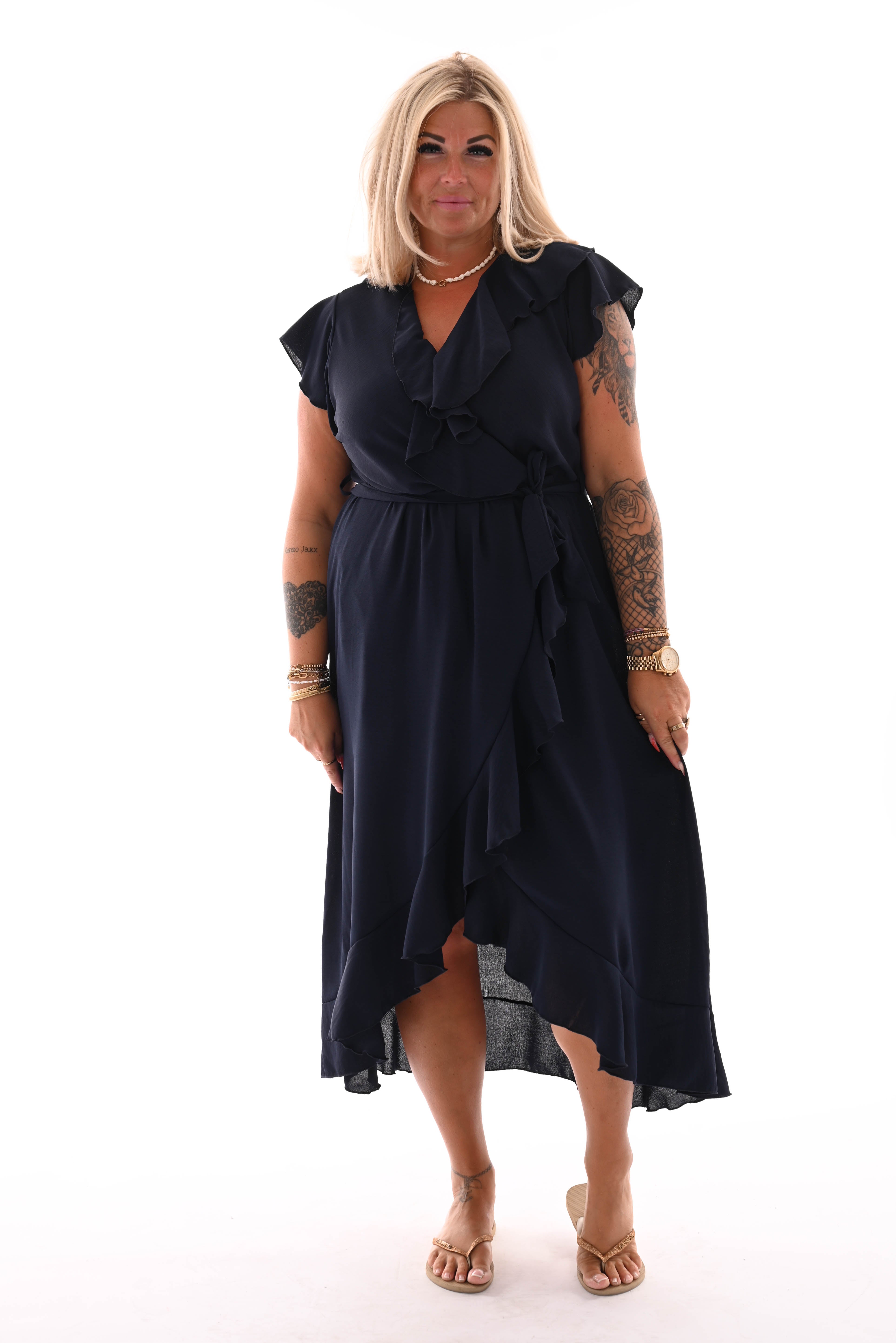 Maxi jurk roezel overslag uni marineblauw
