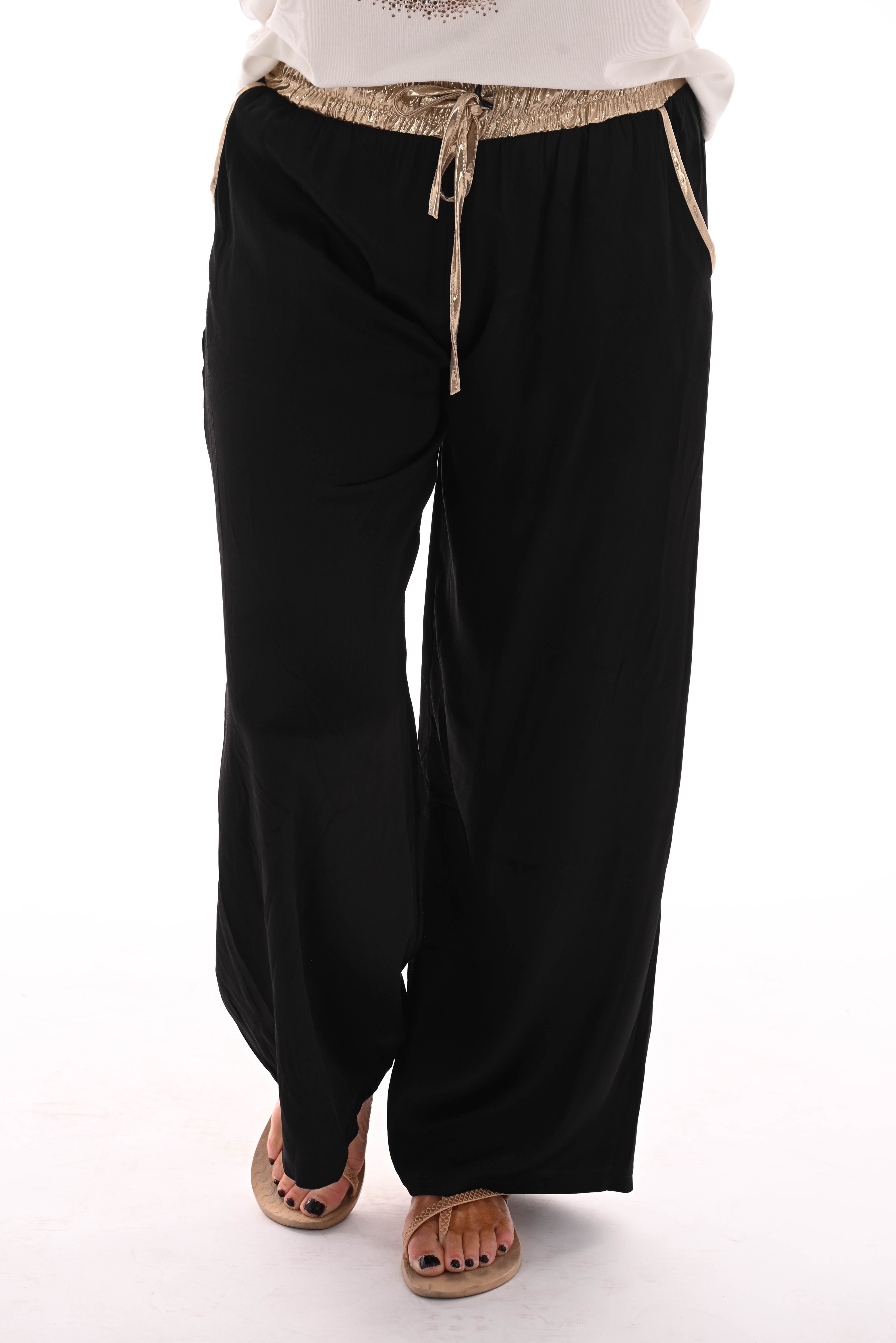 Silky wijde broek gouden broekband zwart