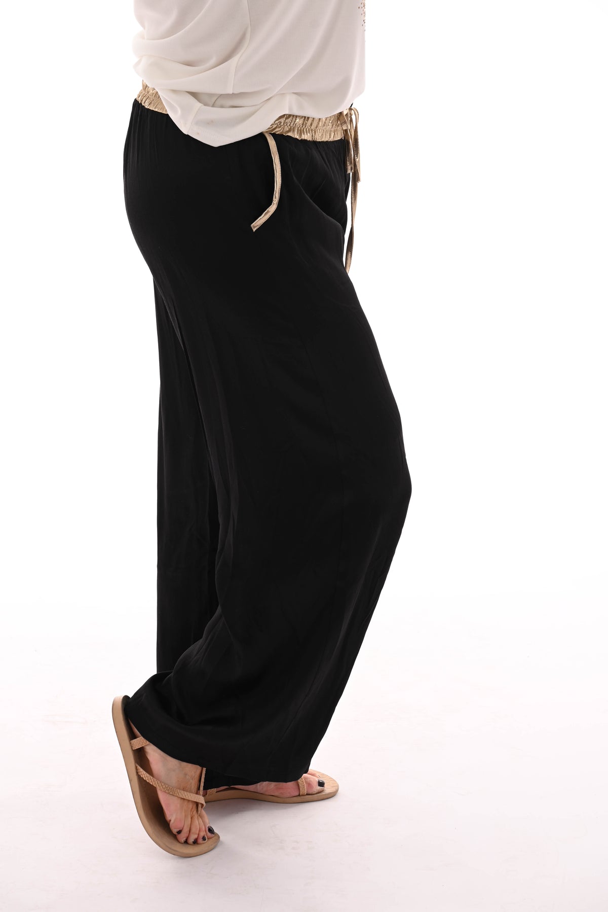Silky wijde broek gouden broekband zwart