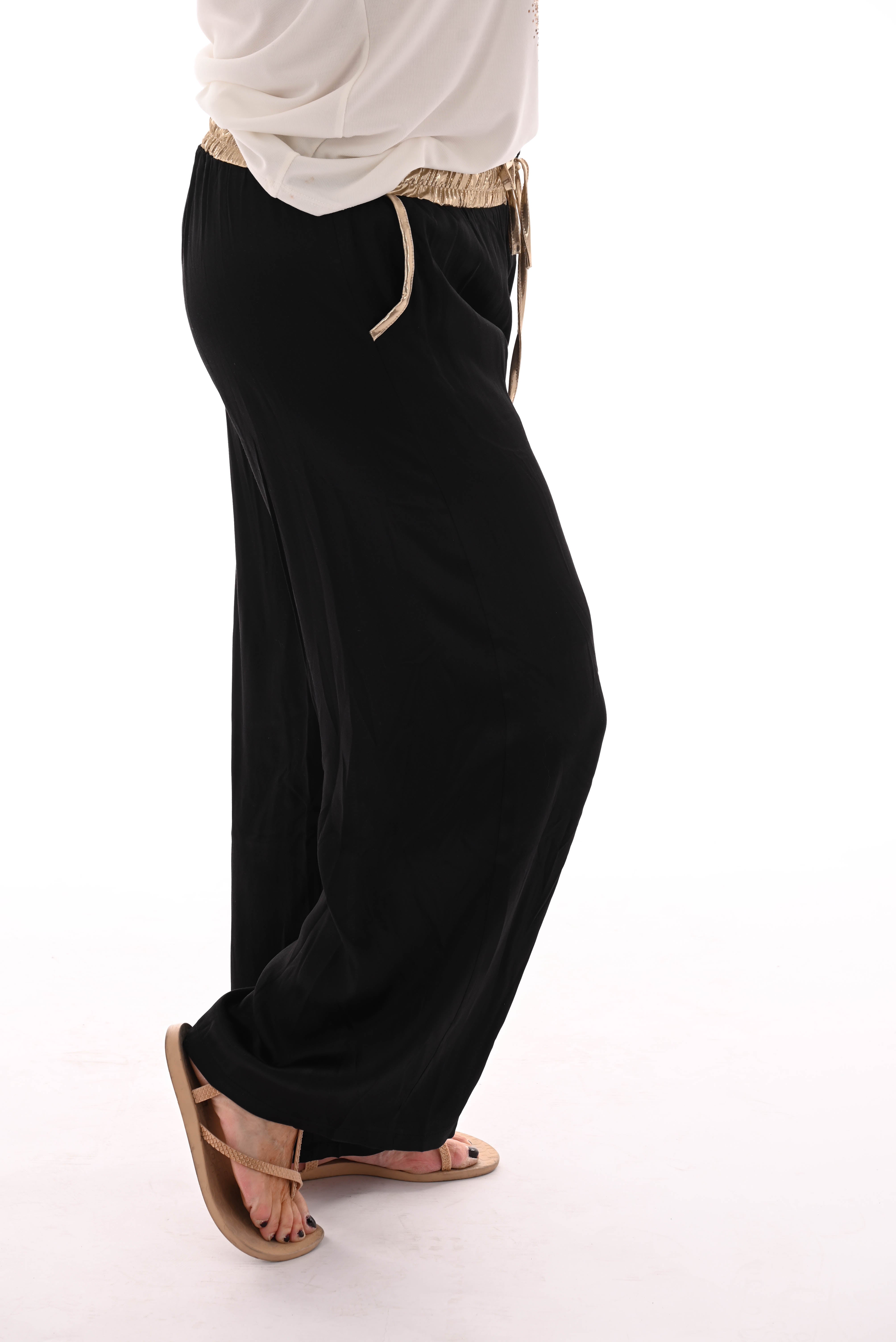 Silky wijde broek gouden broekband zwart