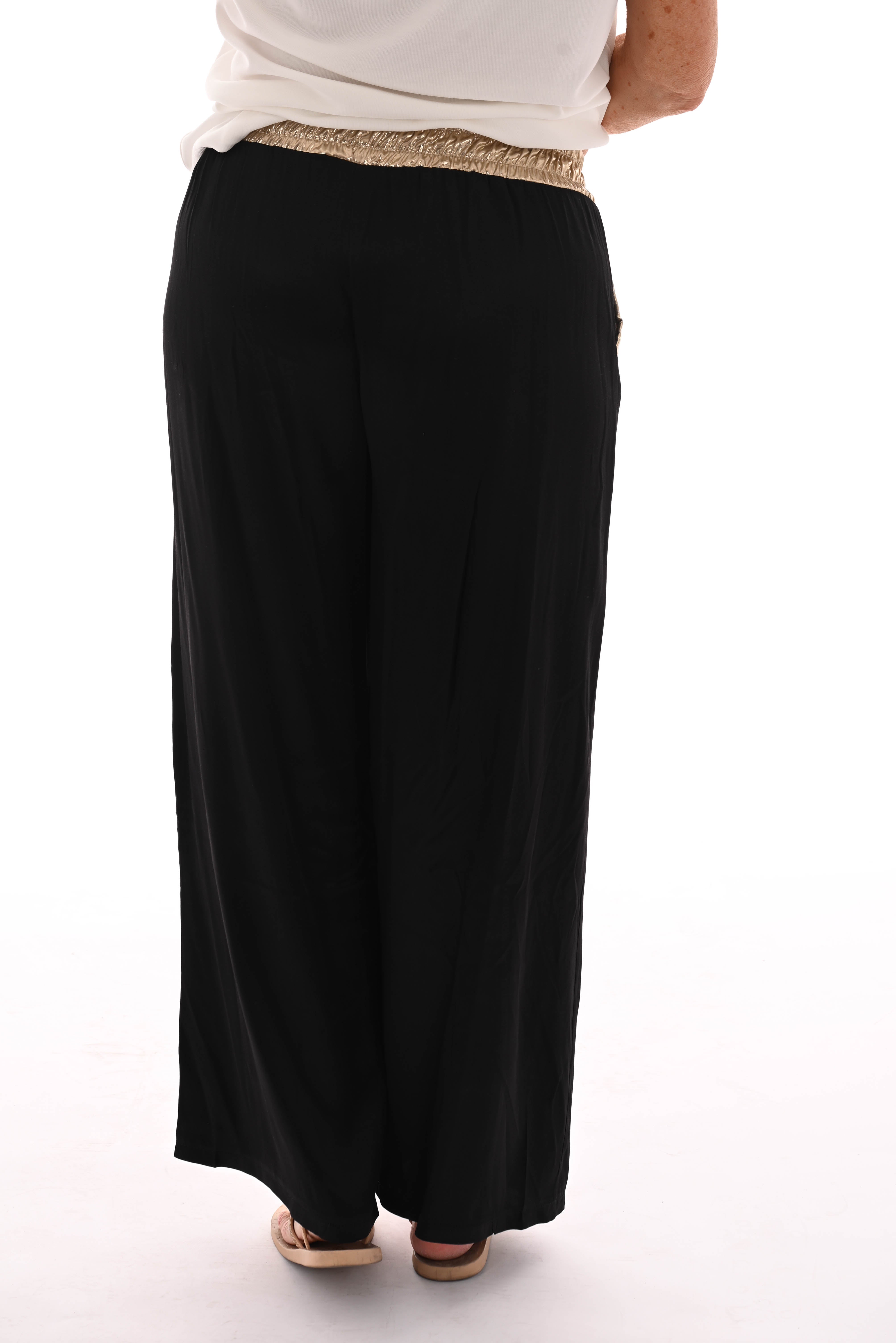 Silky wijde broek gouden broekband zwart