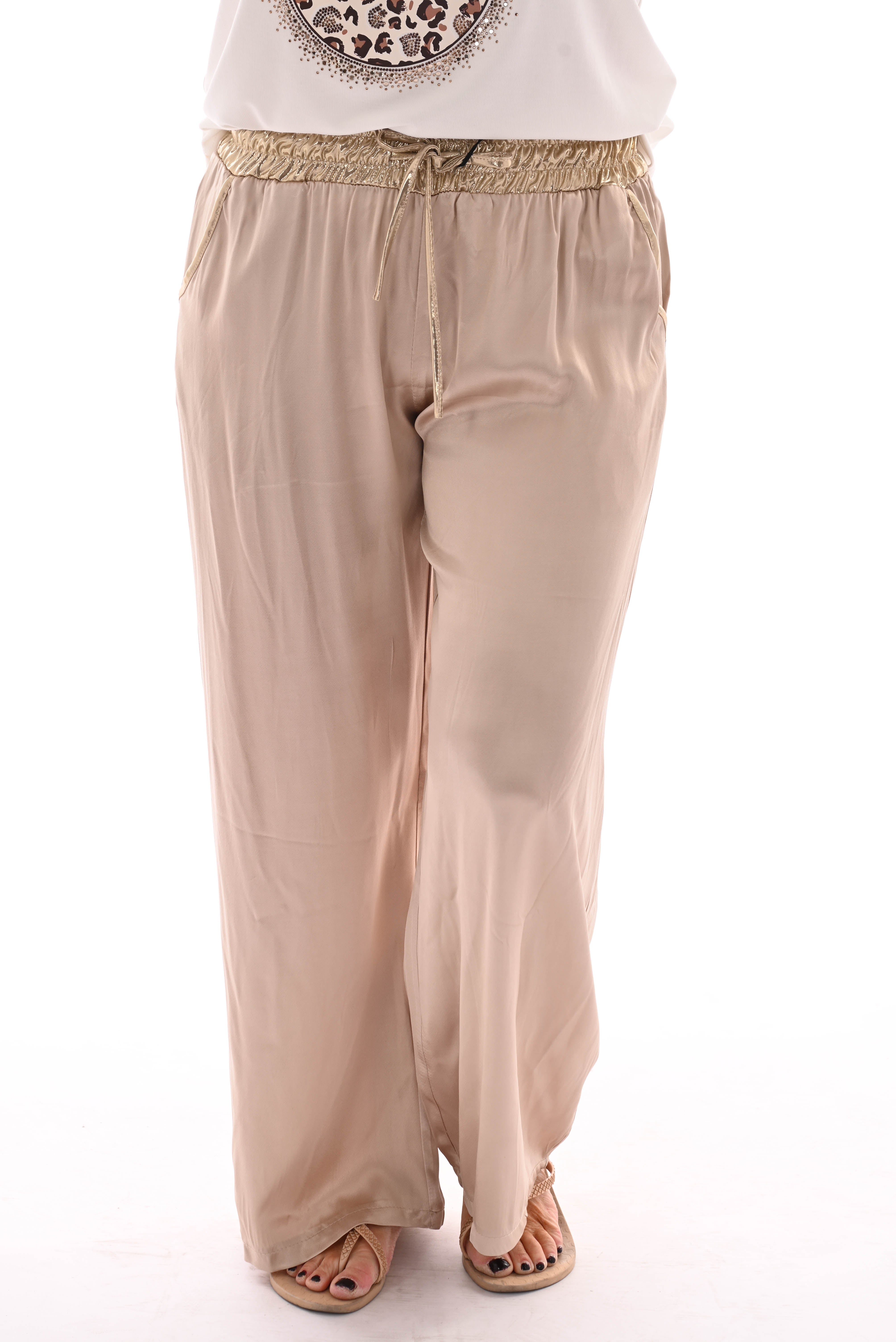 Silky wijde broek gouden broekband beige