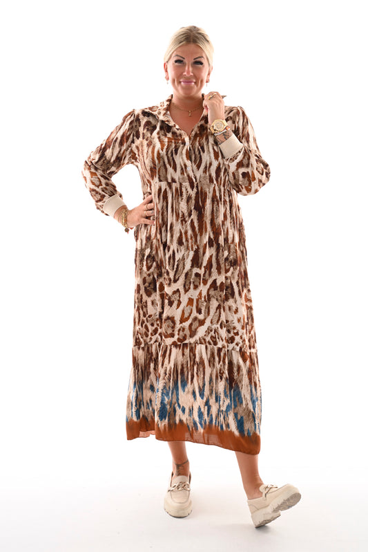 Jurk viscose stroken panter camel