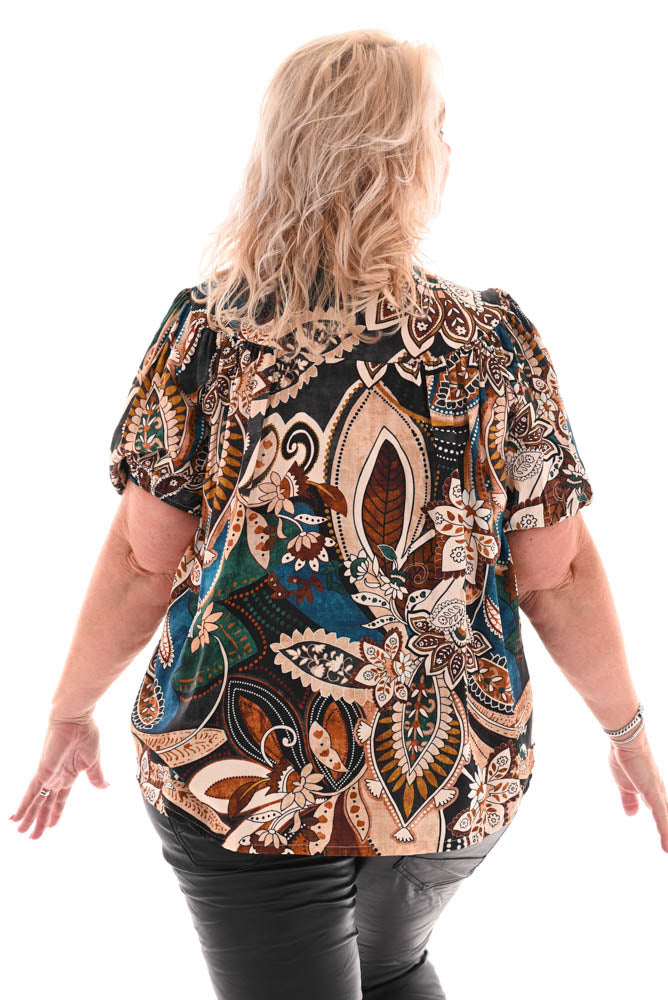 Blouse pofmouwen viscose paisley petrol/zwart