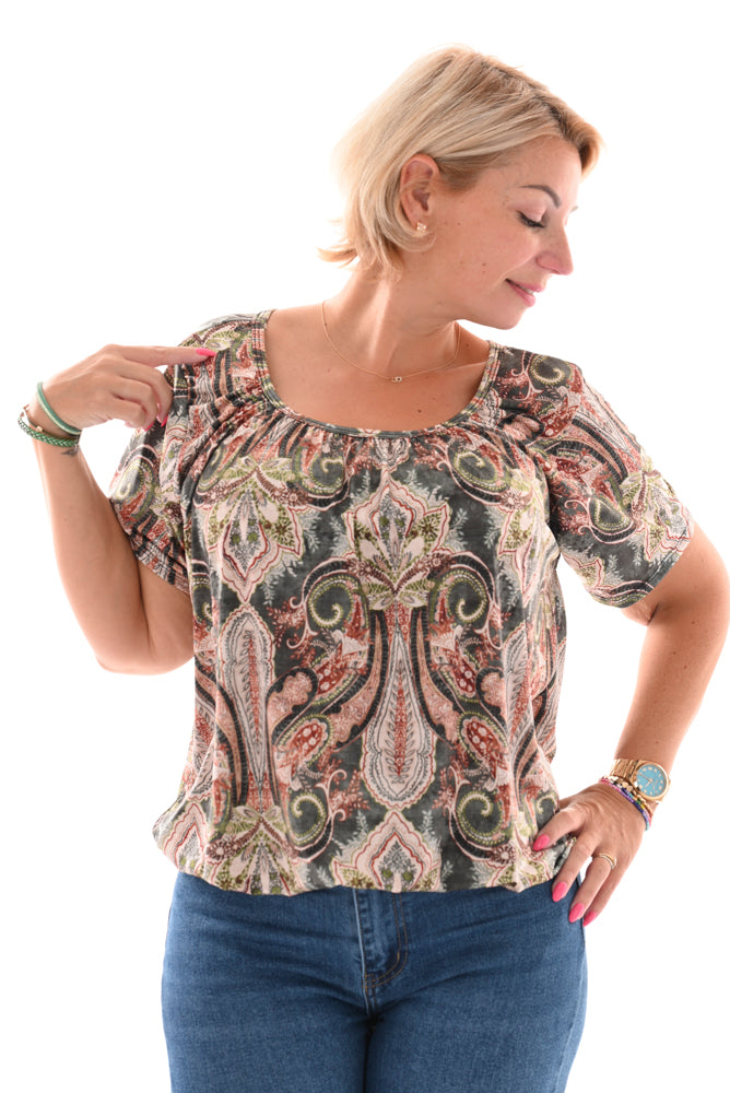 Basic top travel paisley legergroen