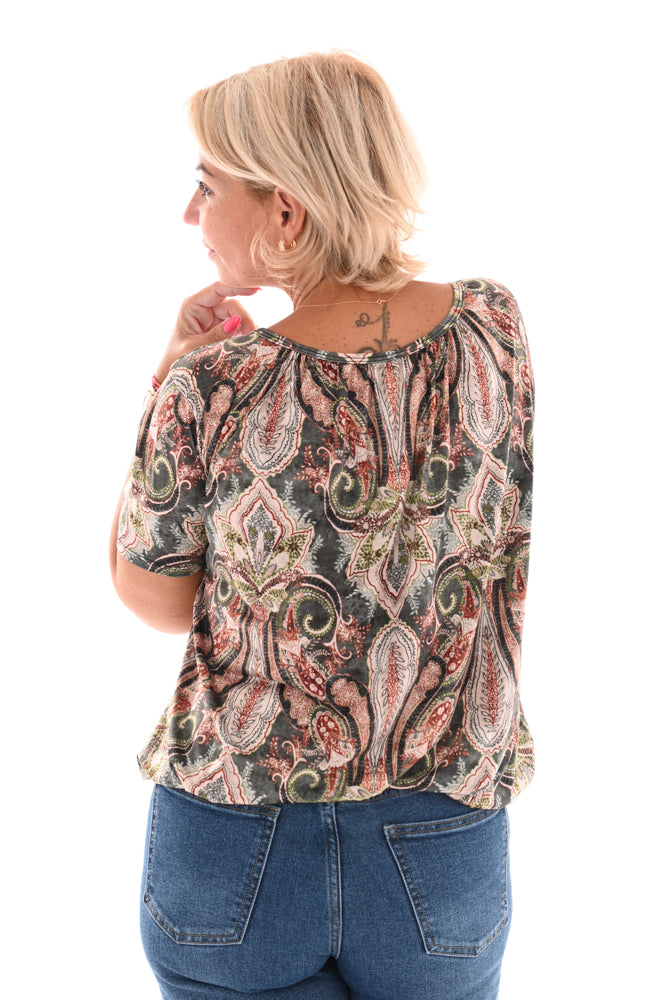 Basic top travel paisley legergroen