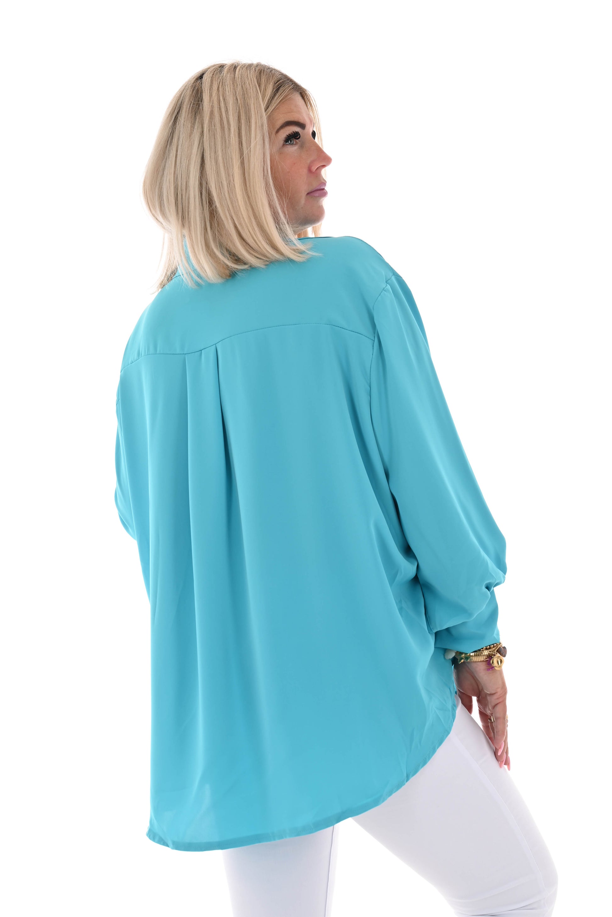 Doorknoop blouse met kraag uni aqua