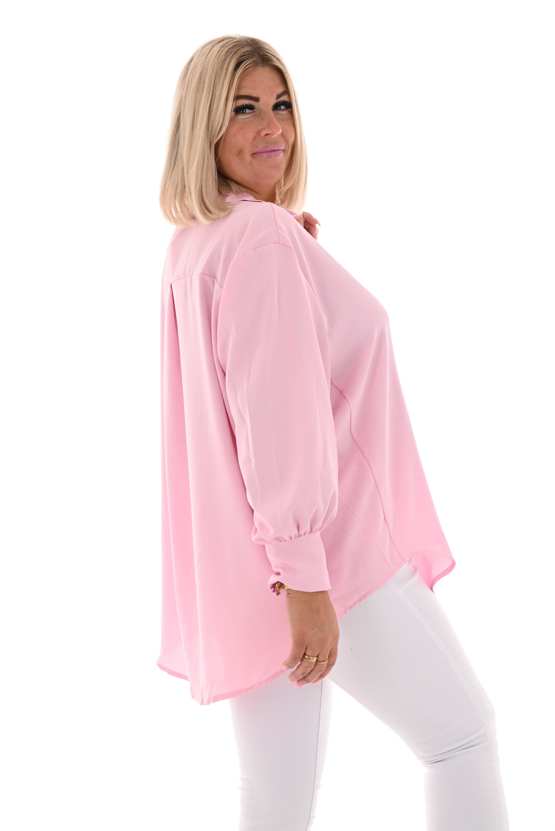 Doorknoop blouse met kraag uni lichtroze