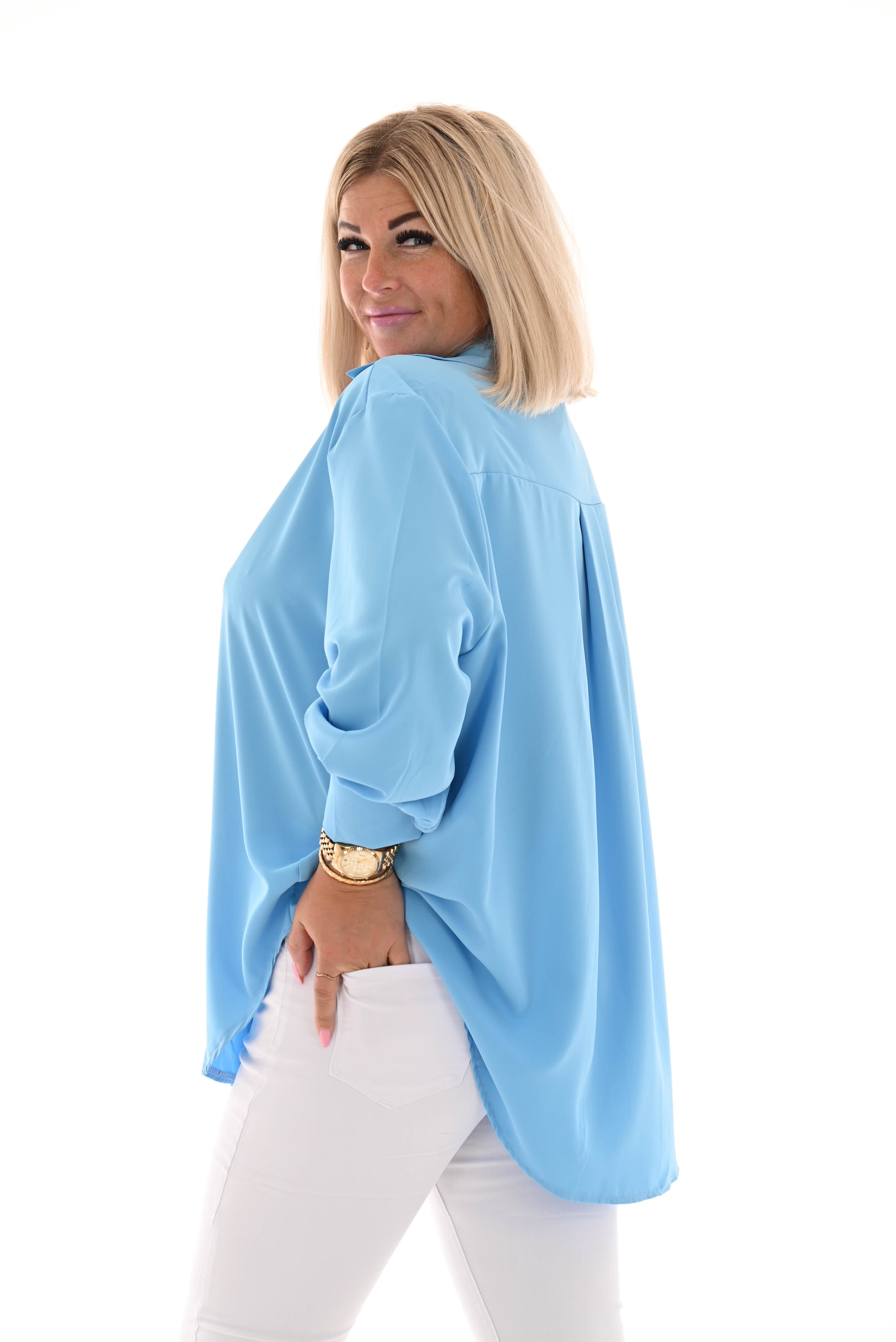 Doorknoop blouse met kraag uni lichtblauw