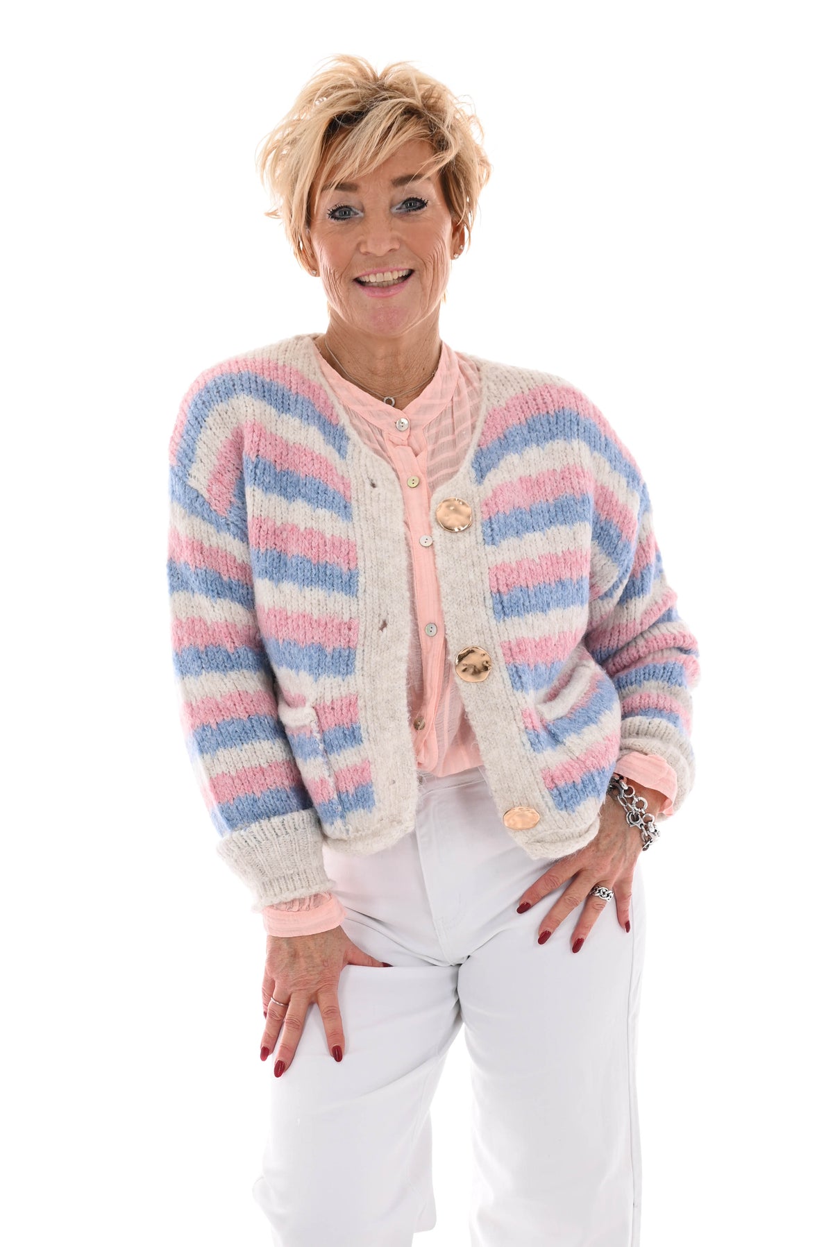 Gebreid vest strepen met knopen roze/blauw/wit