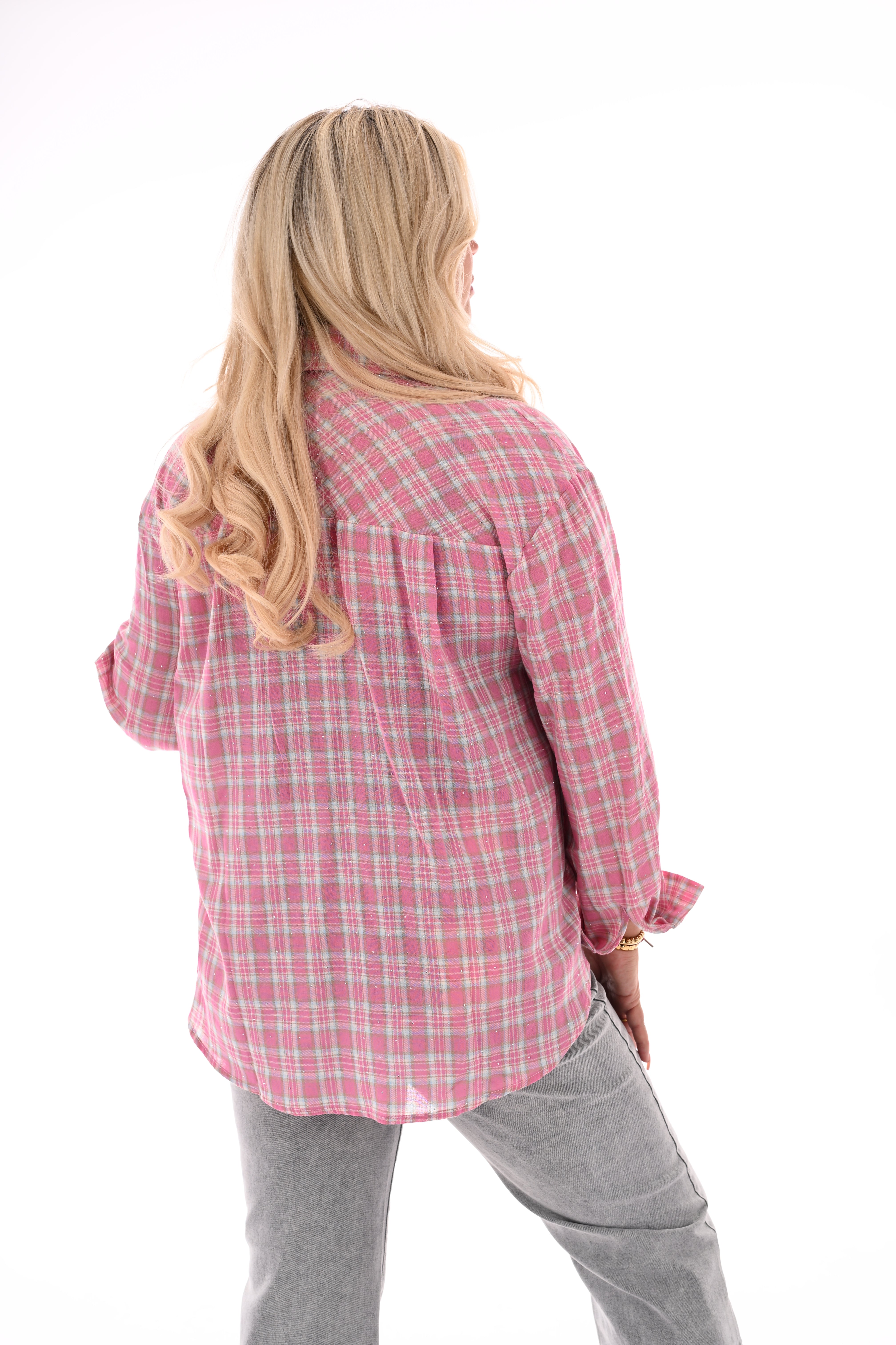 Doorknoop blouse strass houthakkers roze