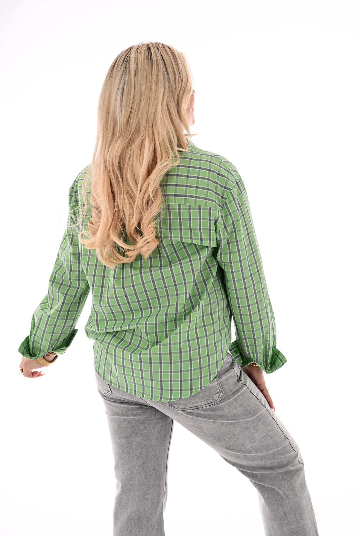 Doorknoop blouse ruitpatroon groen