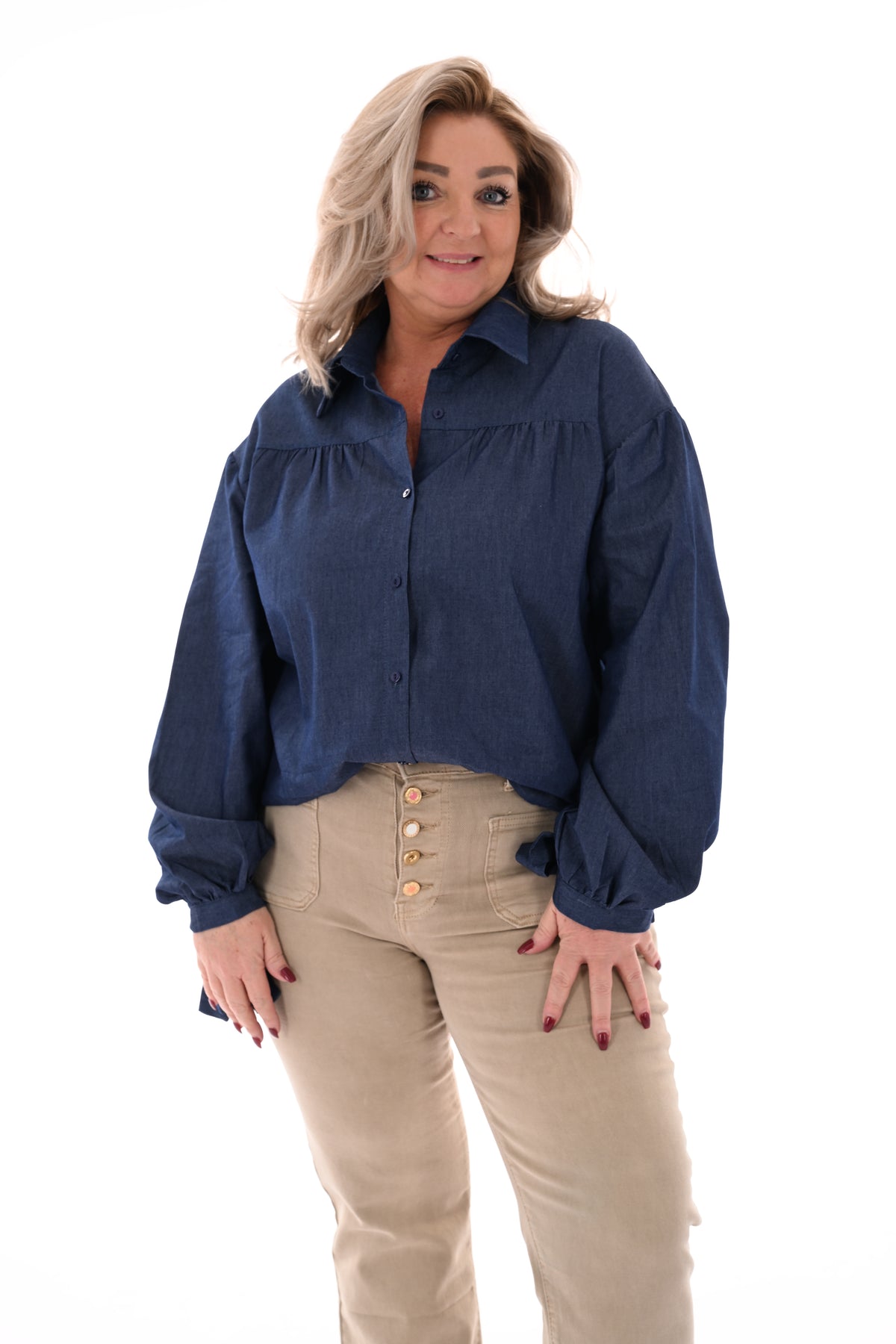 Jeans blouse met strikmouwen donkerblauw