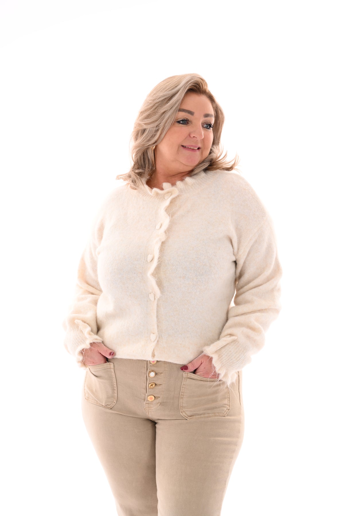 Vest knopen met roezelmouwen creme