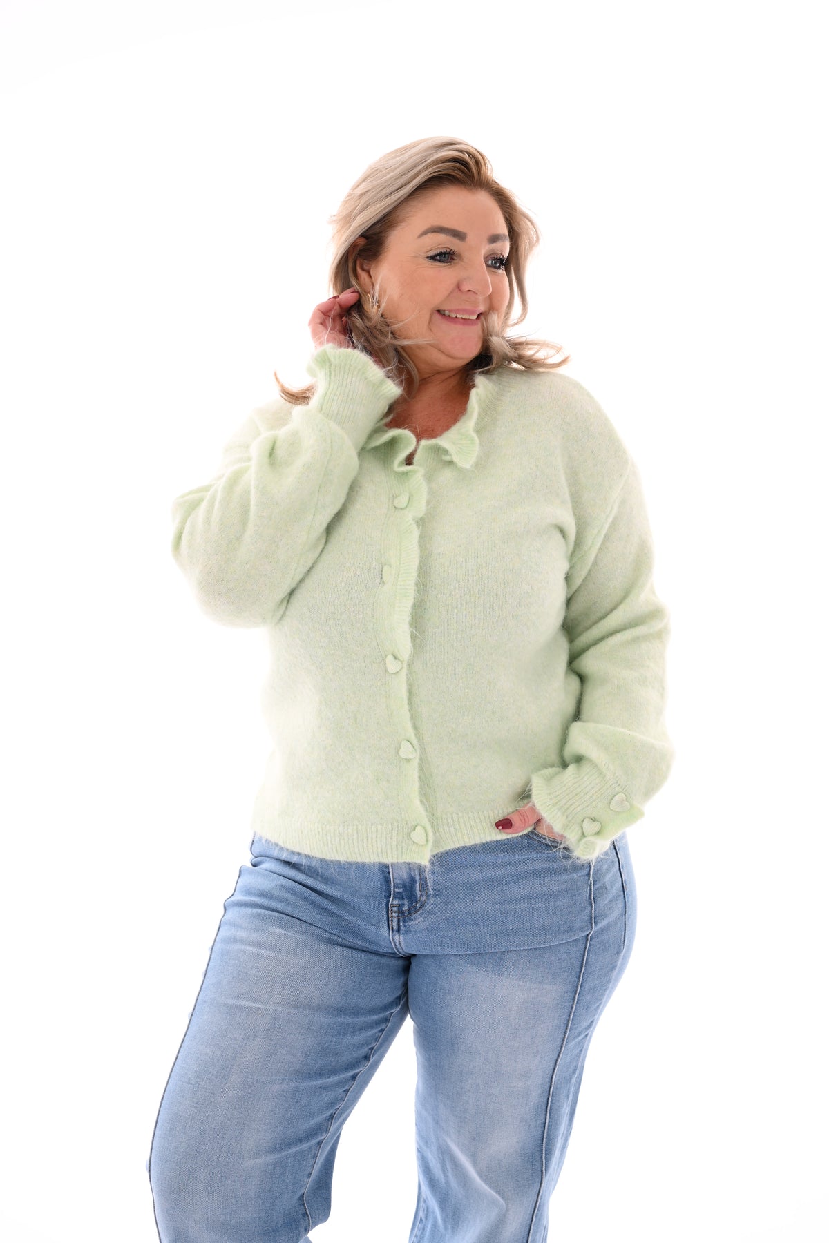 Vest knopen met roezelmouwen lichtgroen