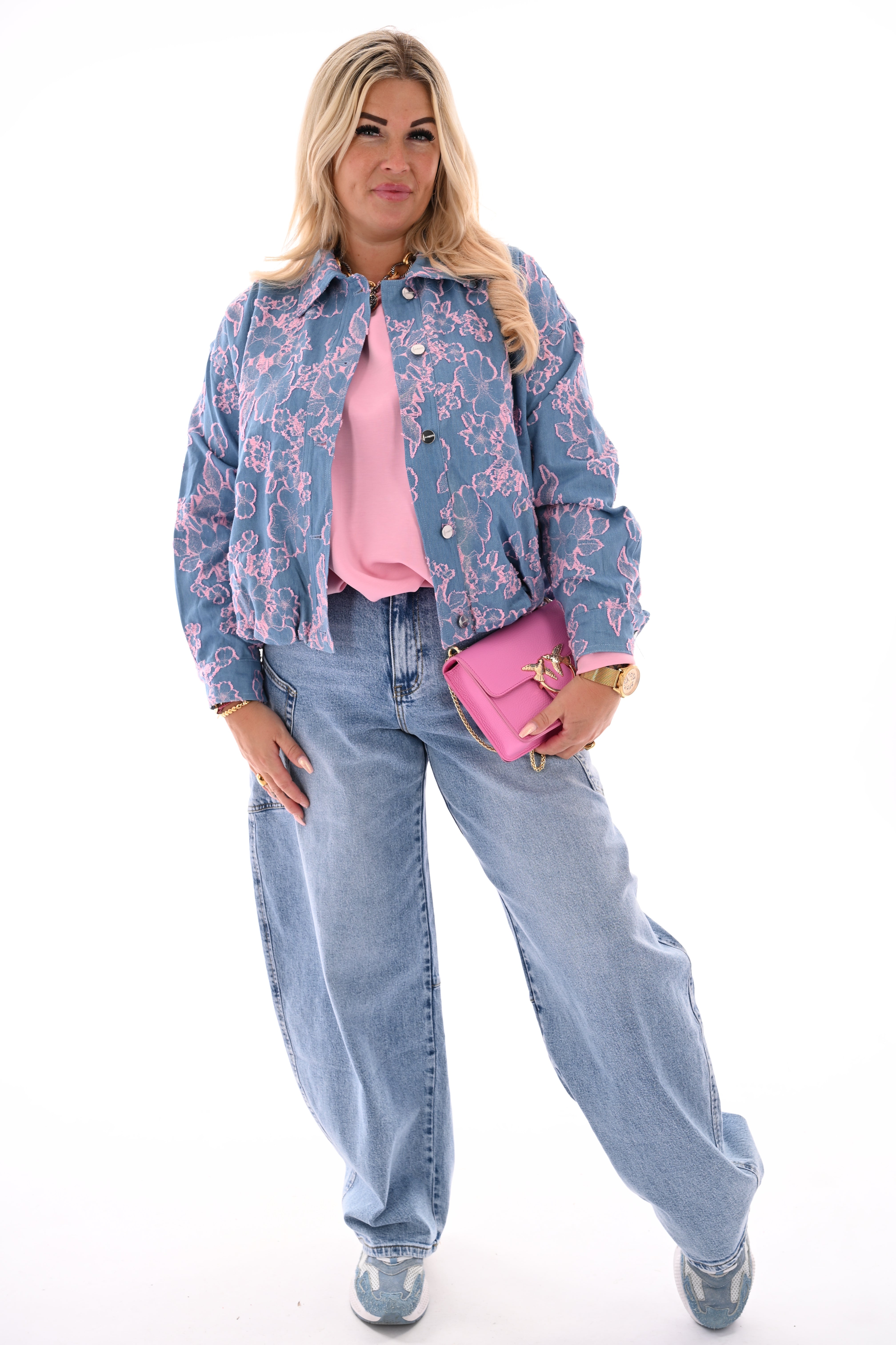 Spijkerjasje bloemen borduur roze