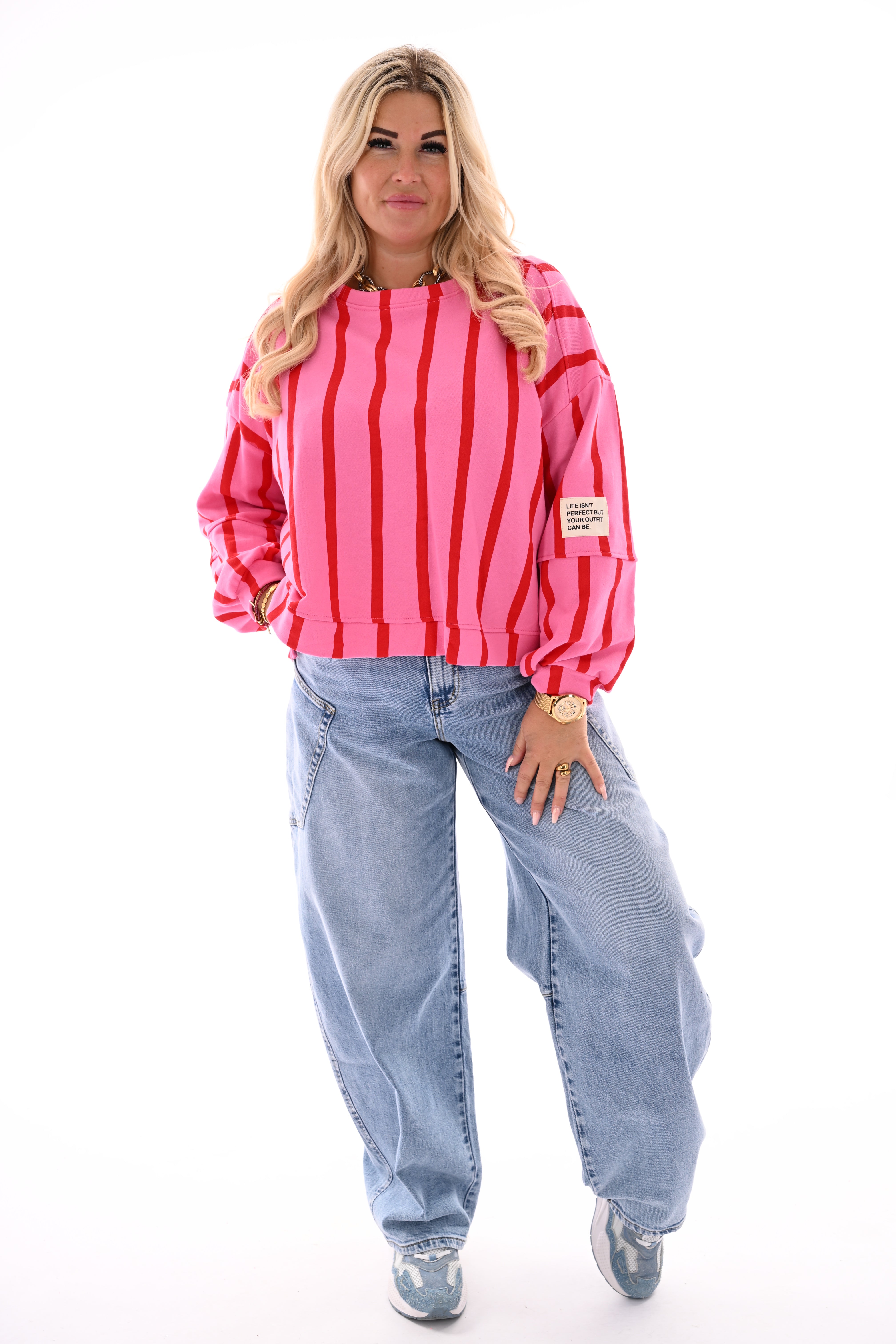 Sweater applicatie en strepen roze/rood