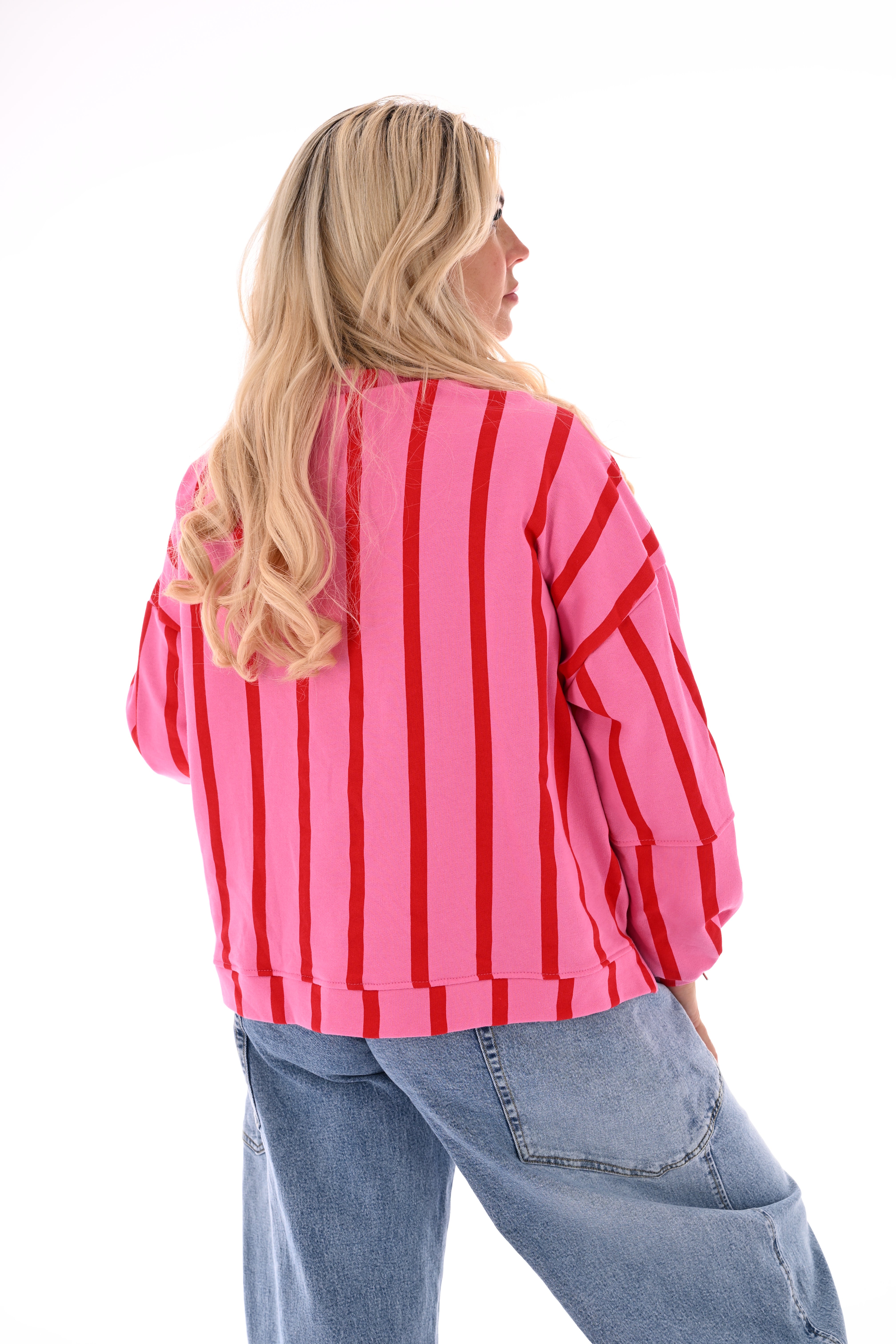 Sweater applicatie en strepen roze/rood