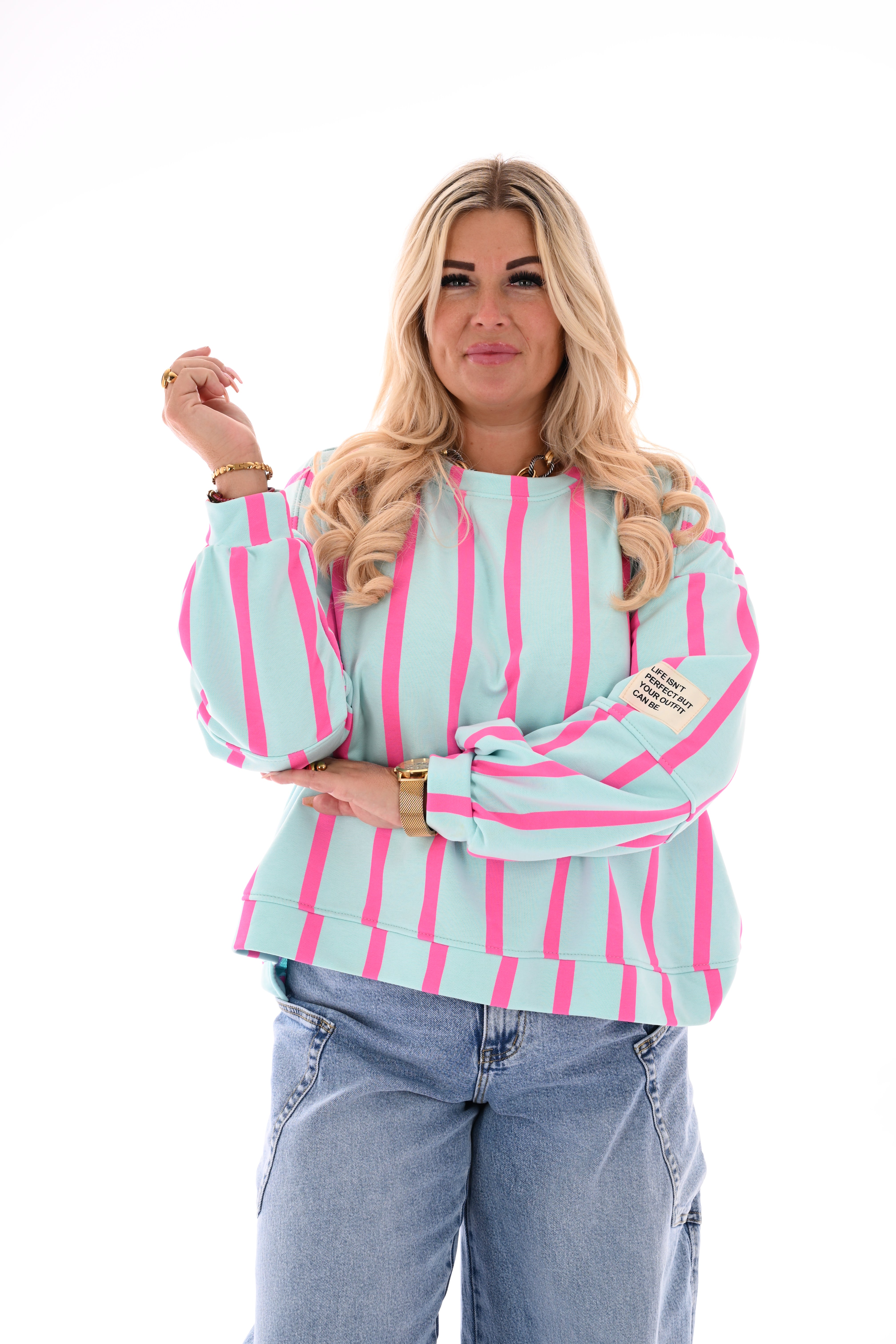Sweater applicatie en strepen lichtblauw/roze