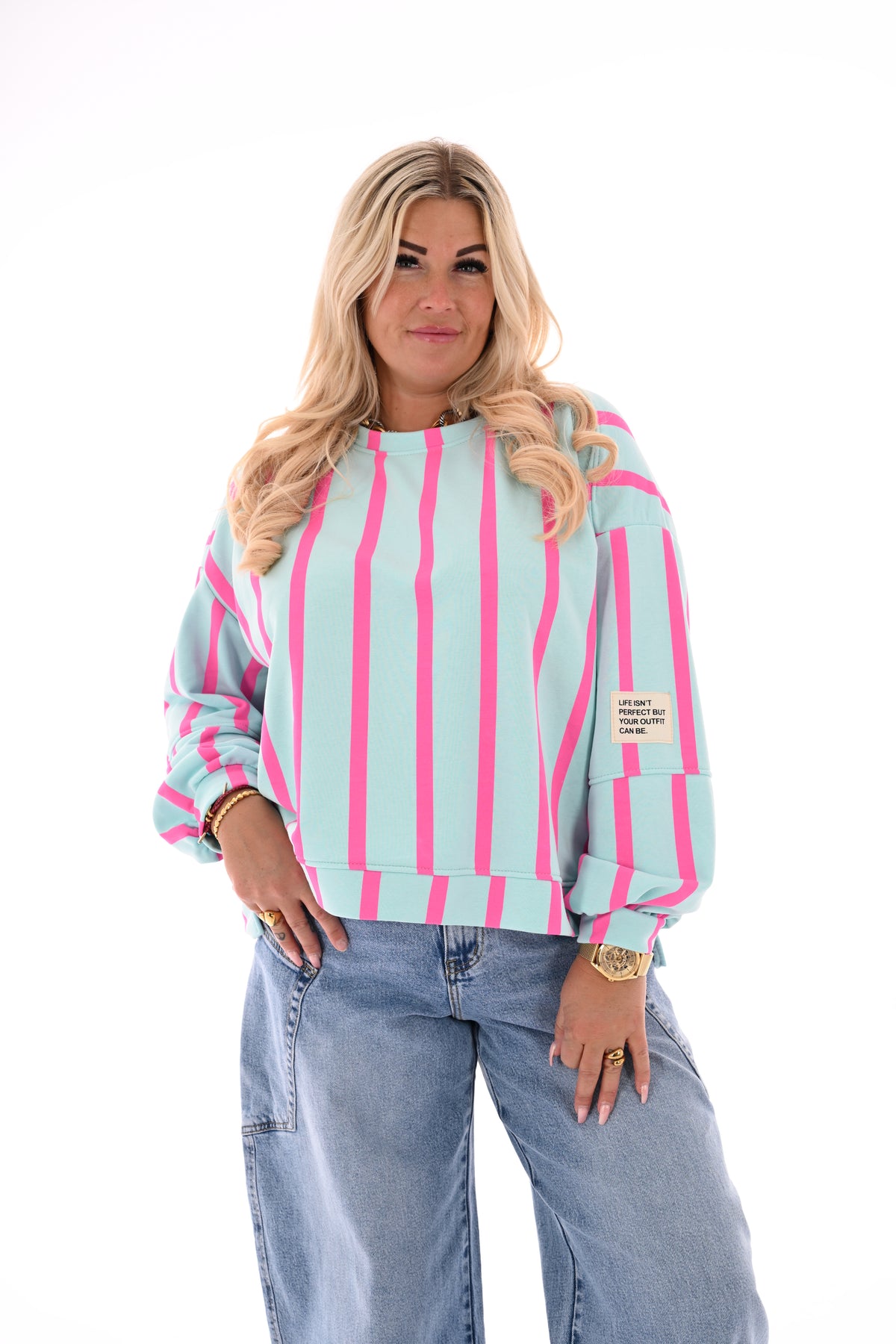 Sweater applicatie en strepen lichtblauw/roze