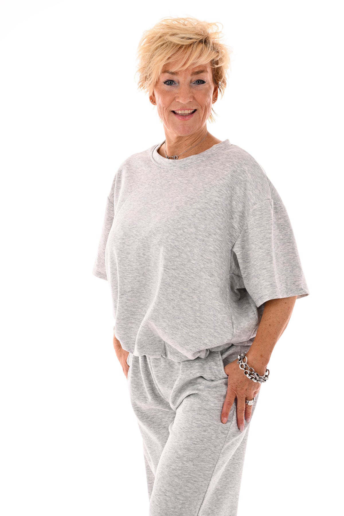 Tweedelig set elastieken band korte mouwen grijs