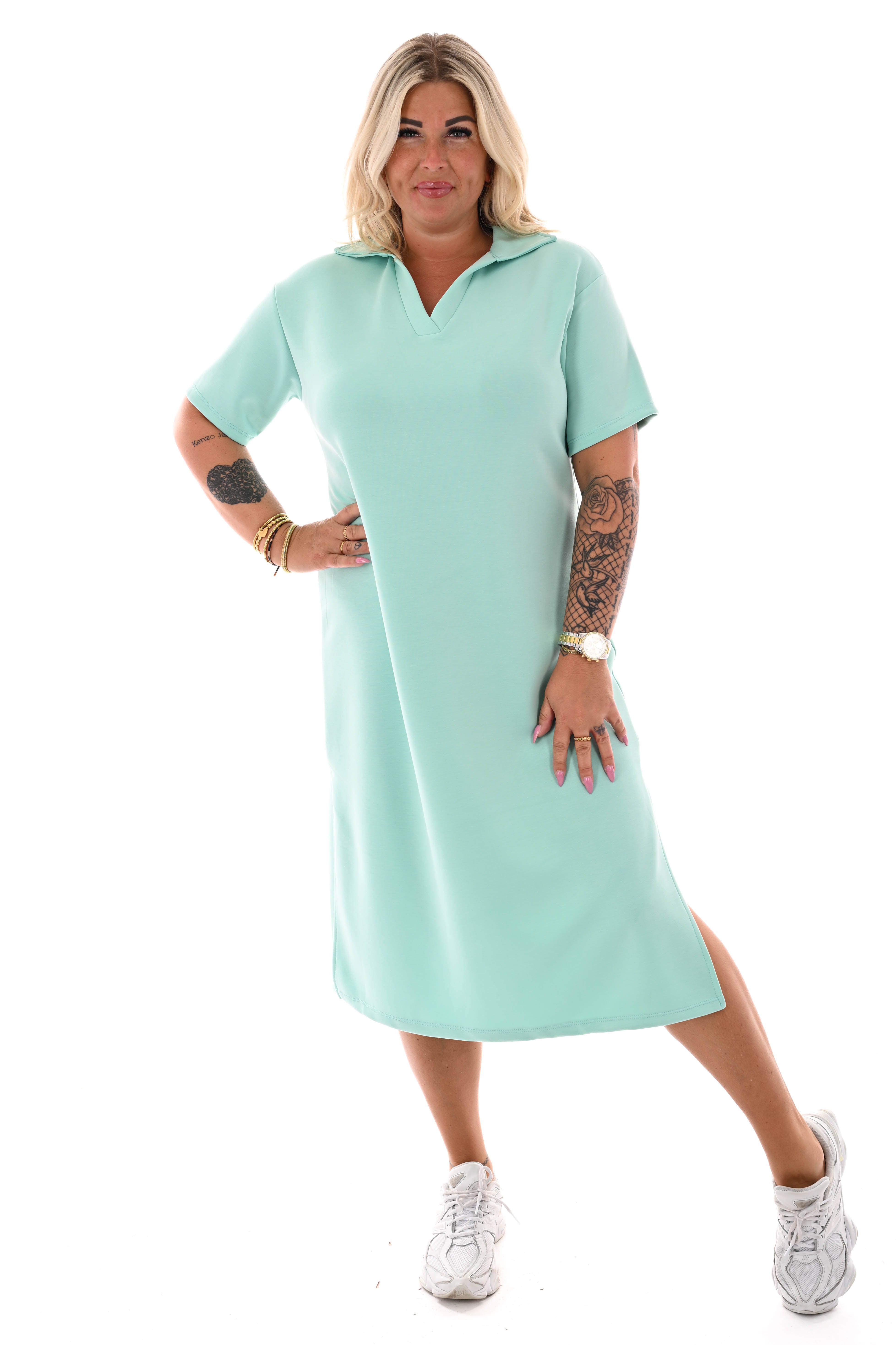 Sweaterdress korte mouwen v-hals met kraag turquoise