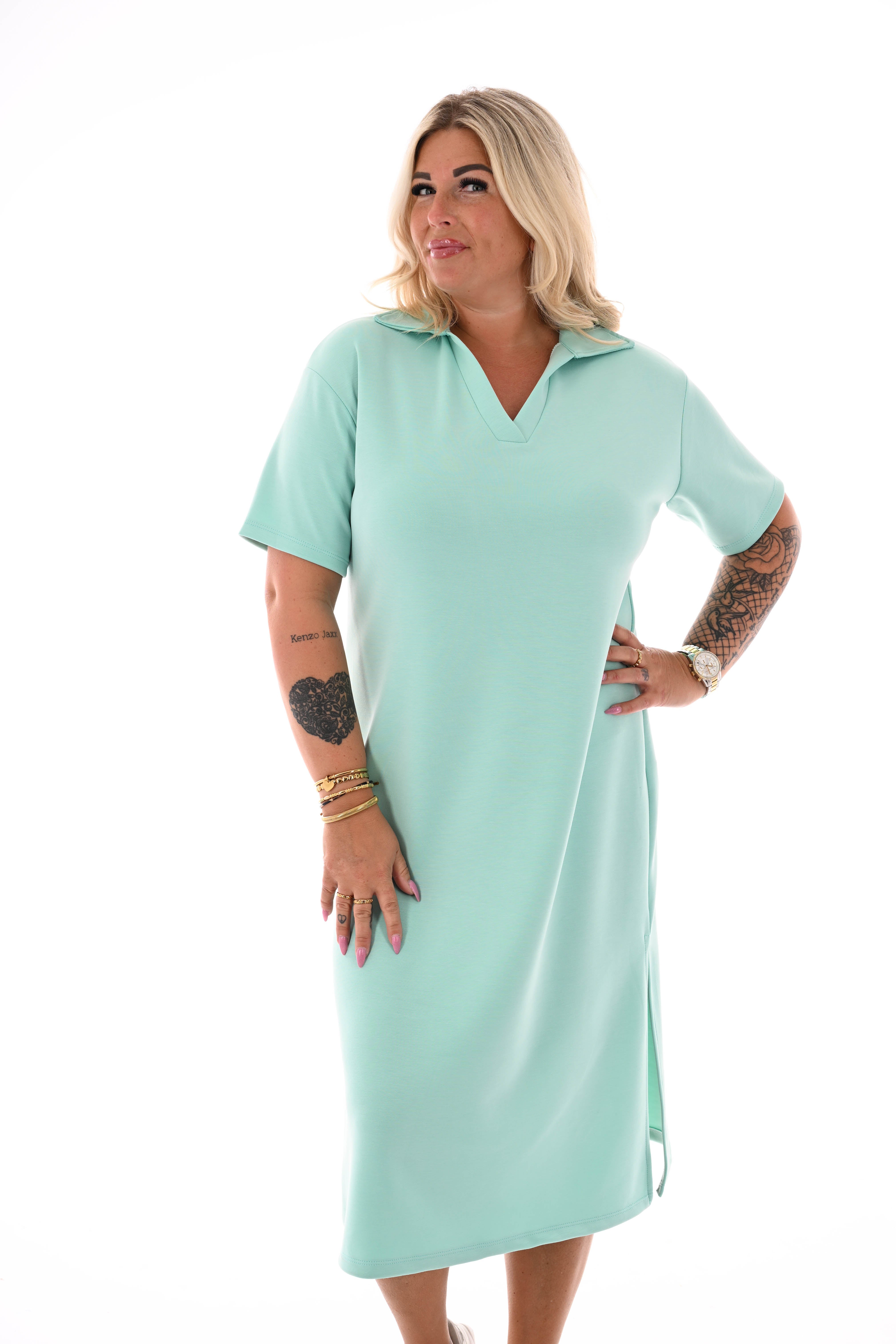 Sweaterdress korte mouwen v-hals met kraag turquoise
