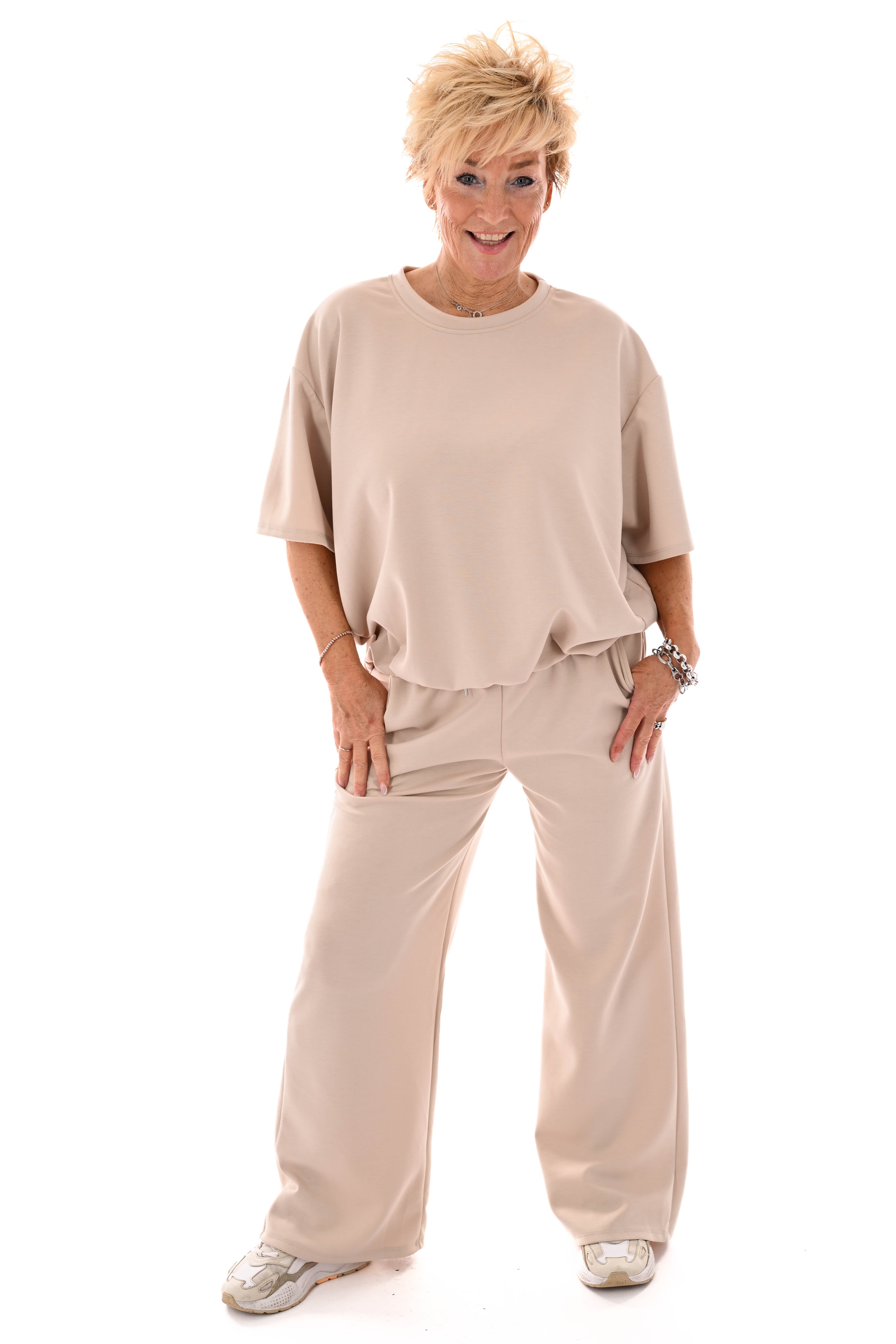 Tweedelig set elastieken band korte mouwen beige