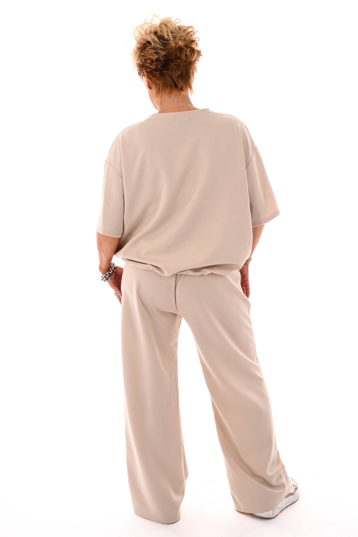 Tweedelig set elastieken band korte mouwen beige