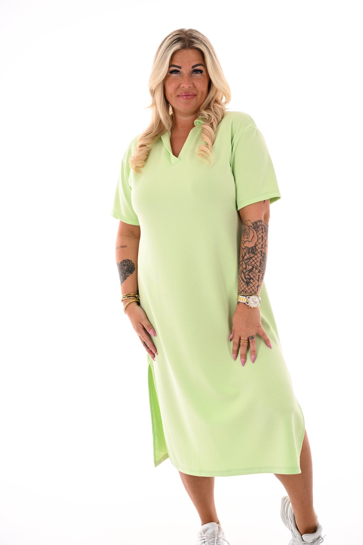 Sweaterdress korte mouwen v-hals met kraag lichtgroen