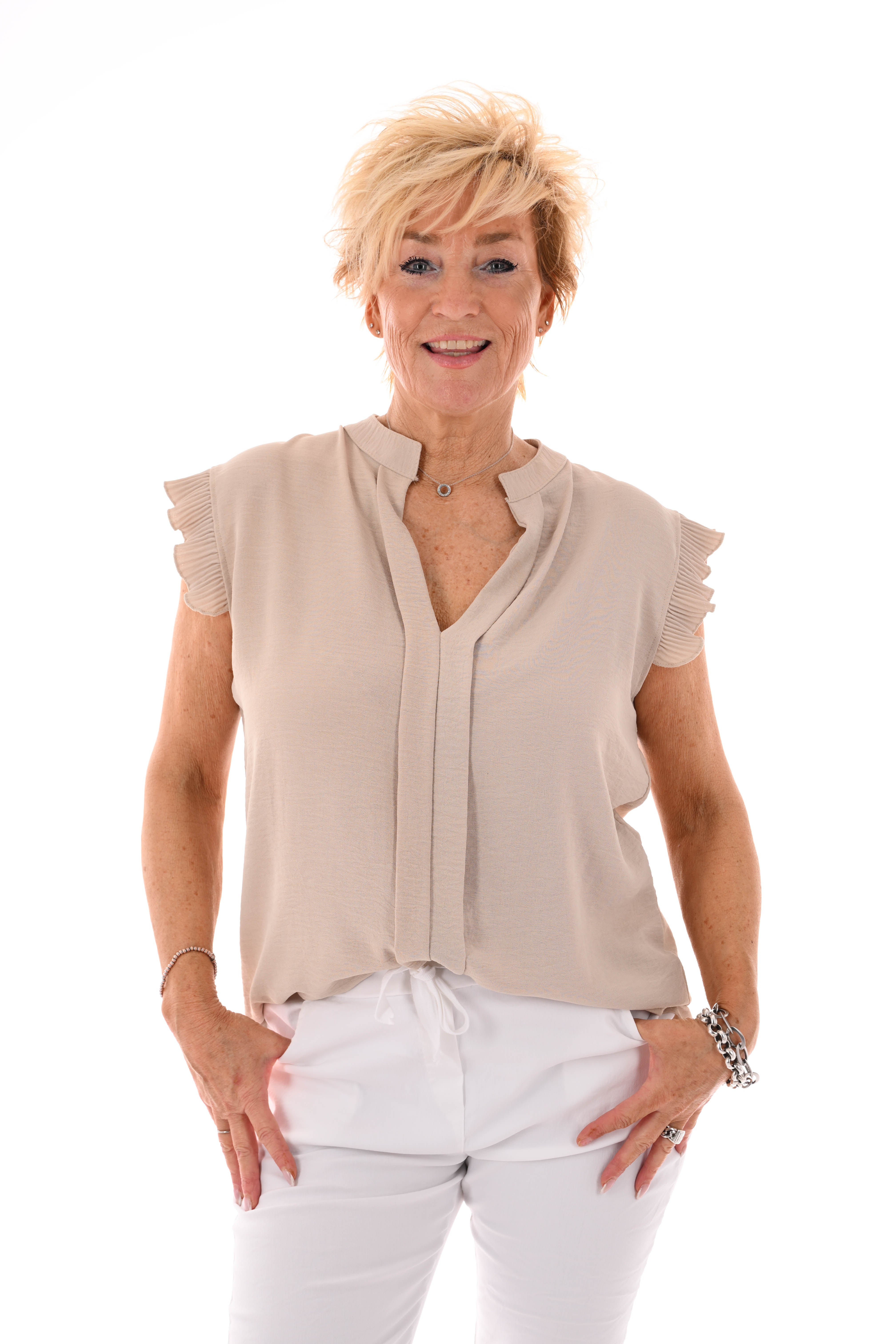 Top v-hals plisse rand beige
