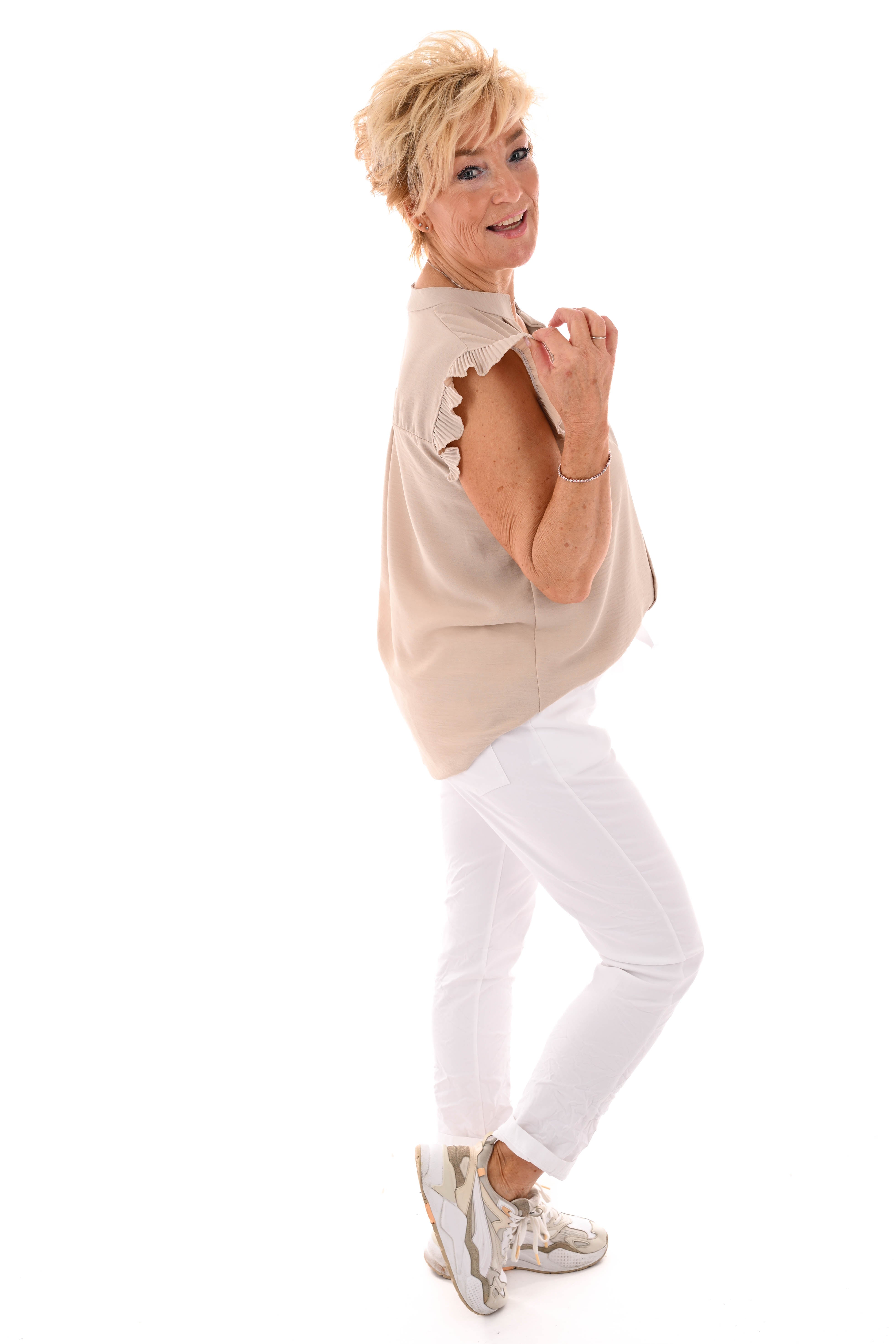 Top v-hals plisse rand beige