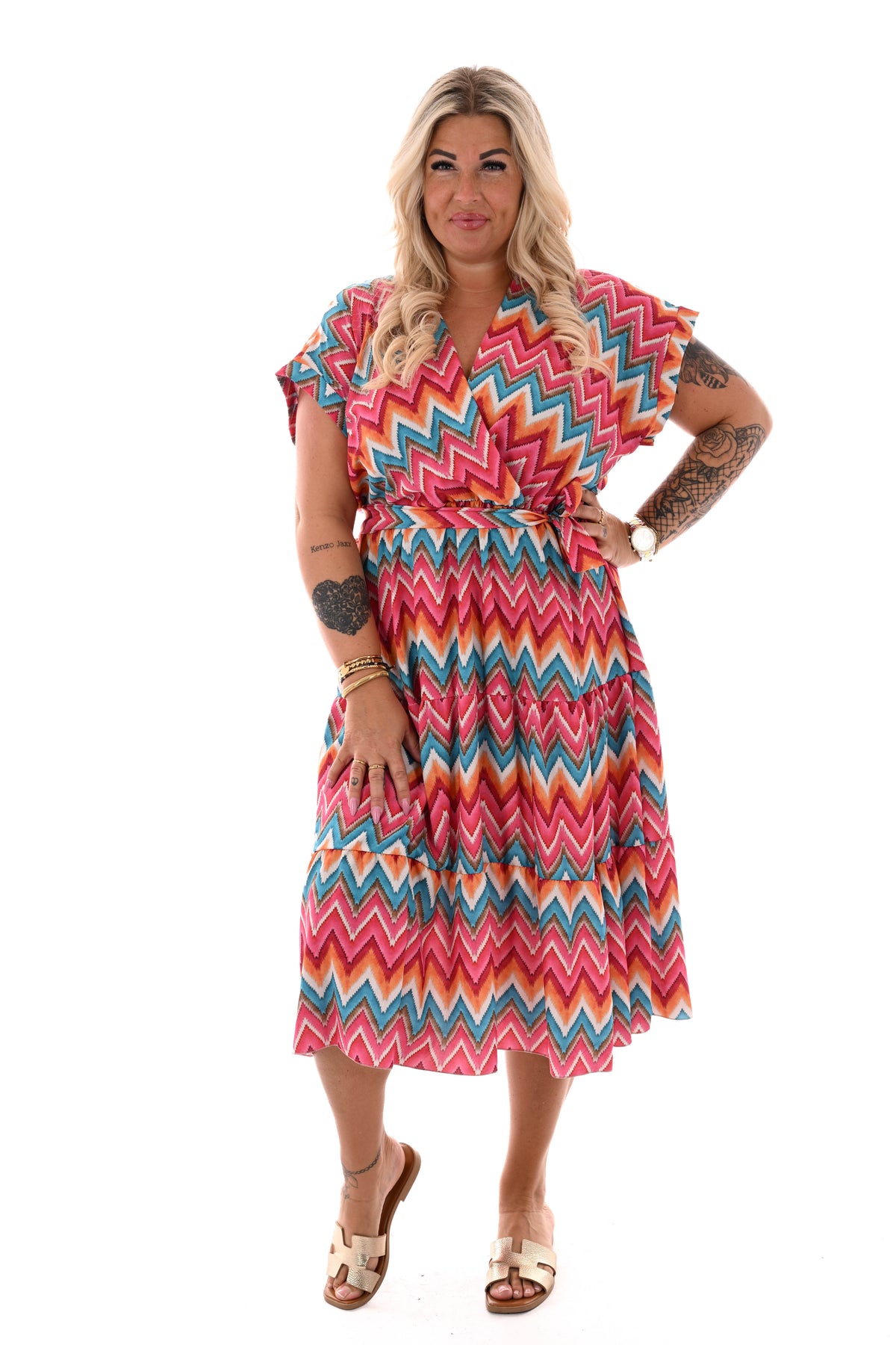 Zigzag jurk met stroken roze/oranje