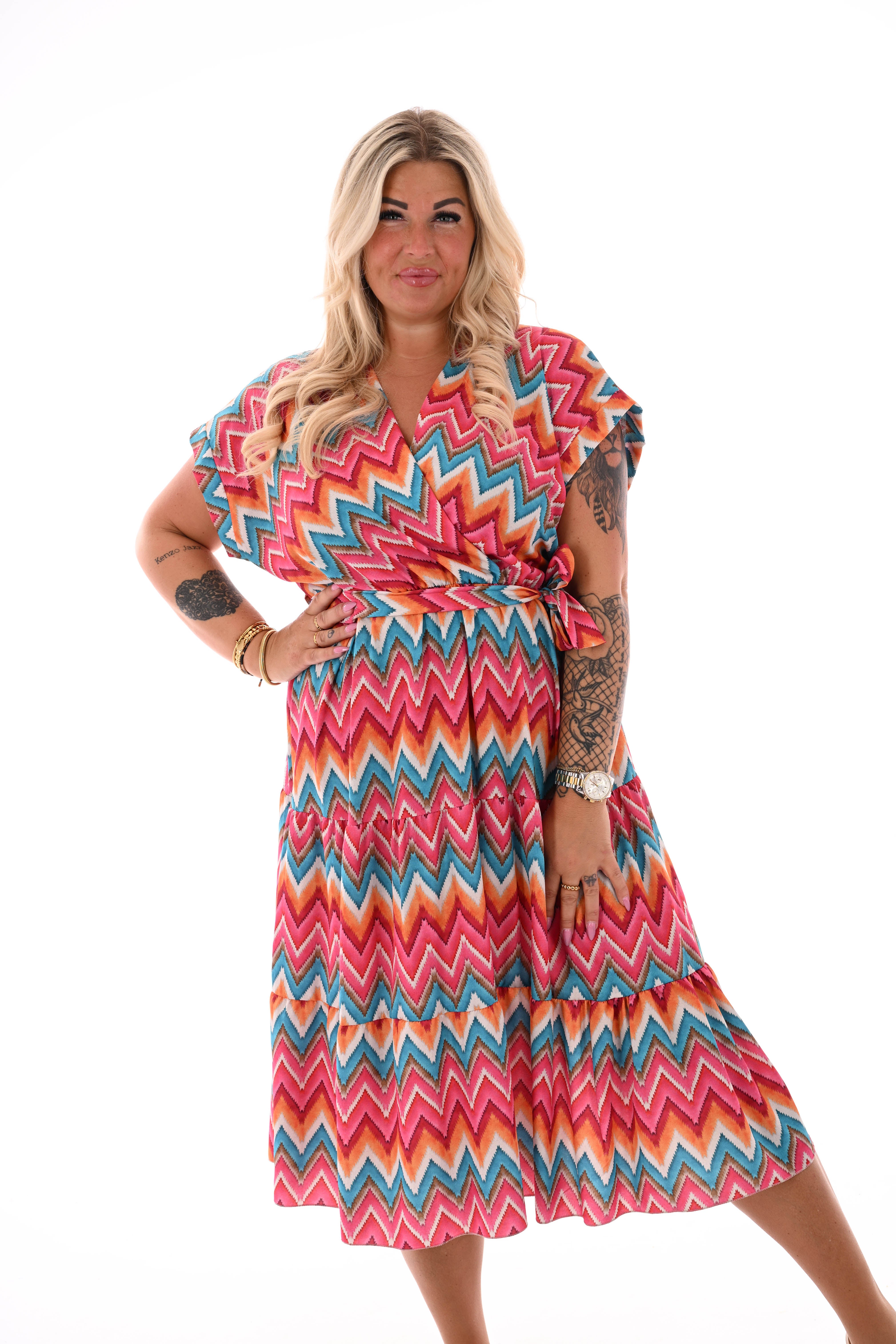 Zigzag jurk met stroken roze/oranje