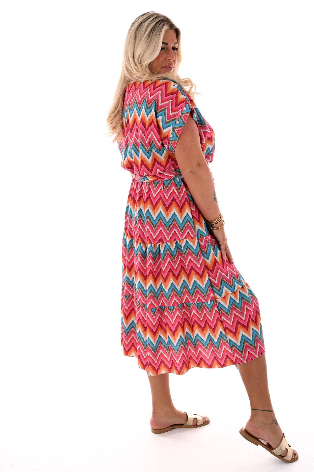 Zigzag jurk met stroken roze/oranje