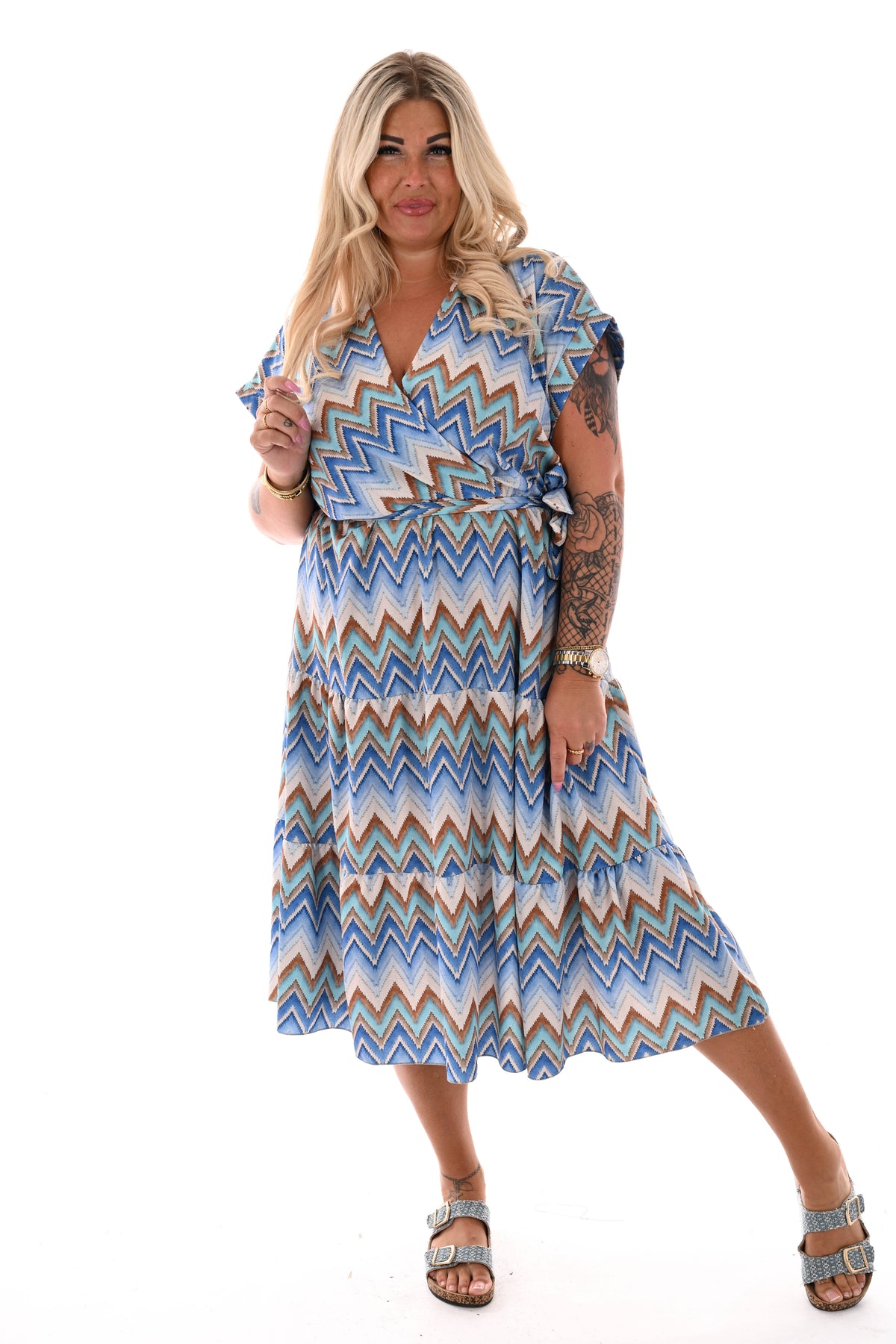 Zigzag jurk met stroken blauw/bruin