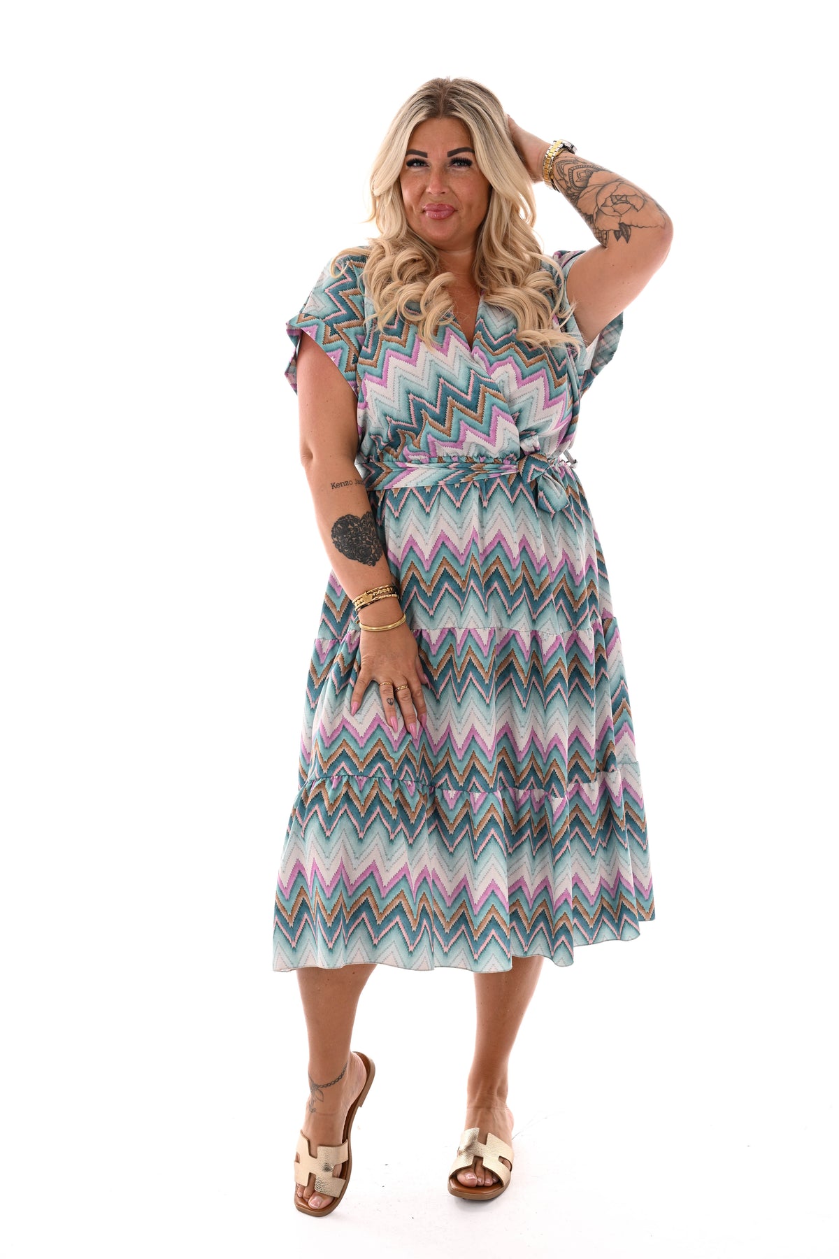 Zigzag jurk met stroken turquoise/lila