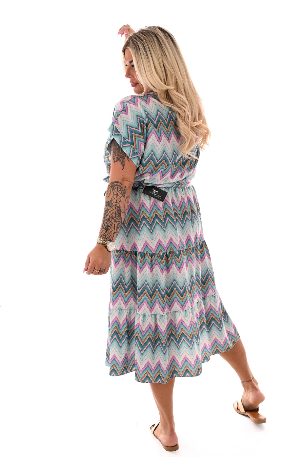 Zigzag jurk met stroken turquoise/lila