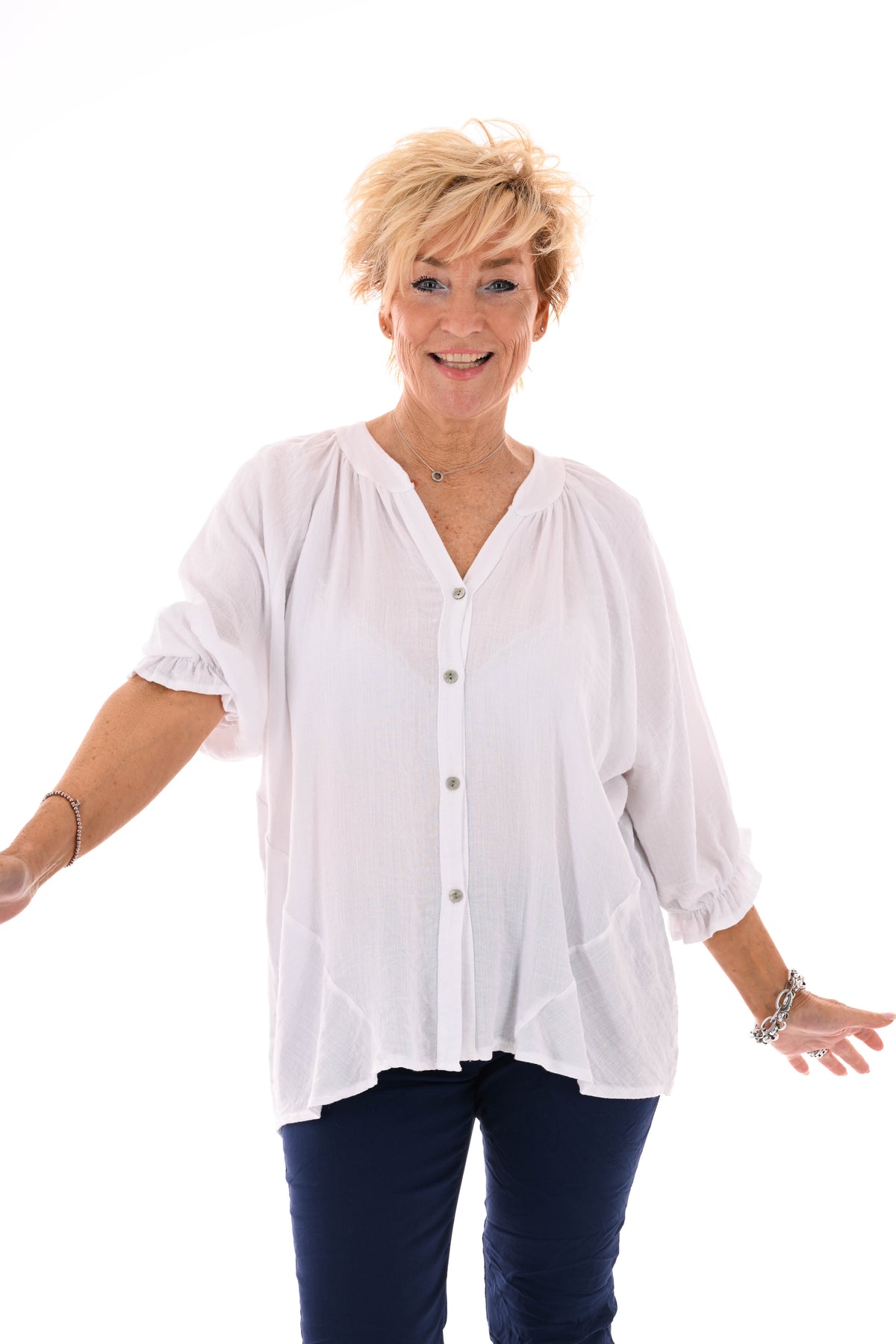 Blouse v-hals korte roezelmouwen wit