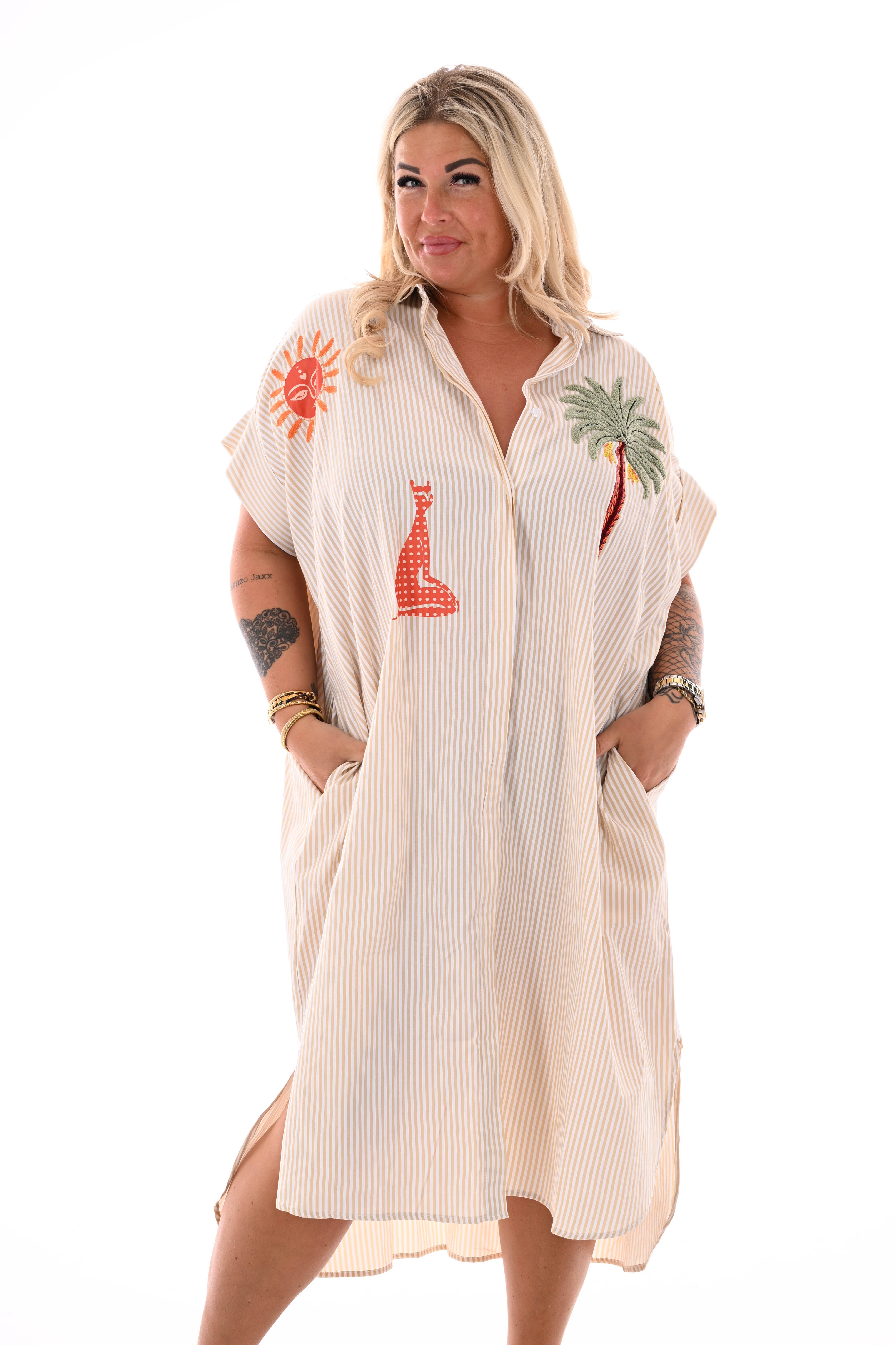 Blouse jurk fijne streepjes palmtree beige