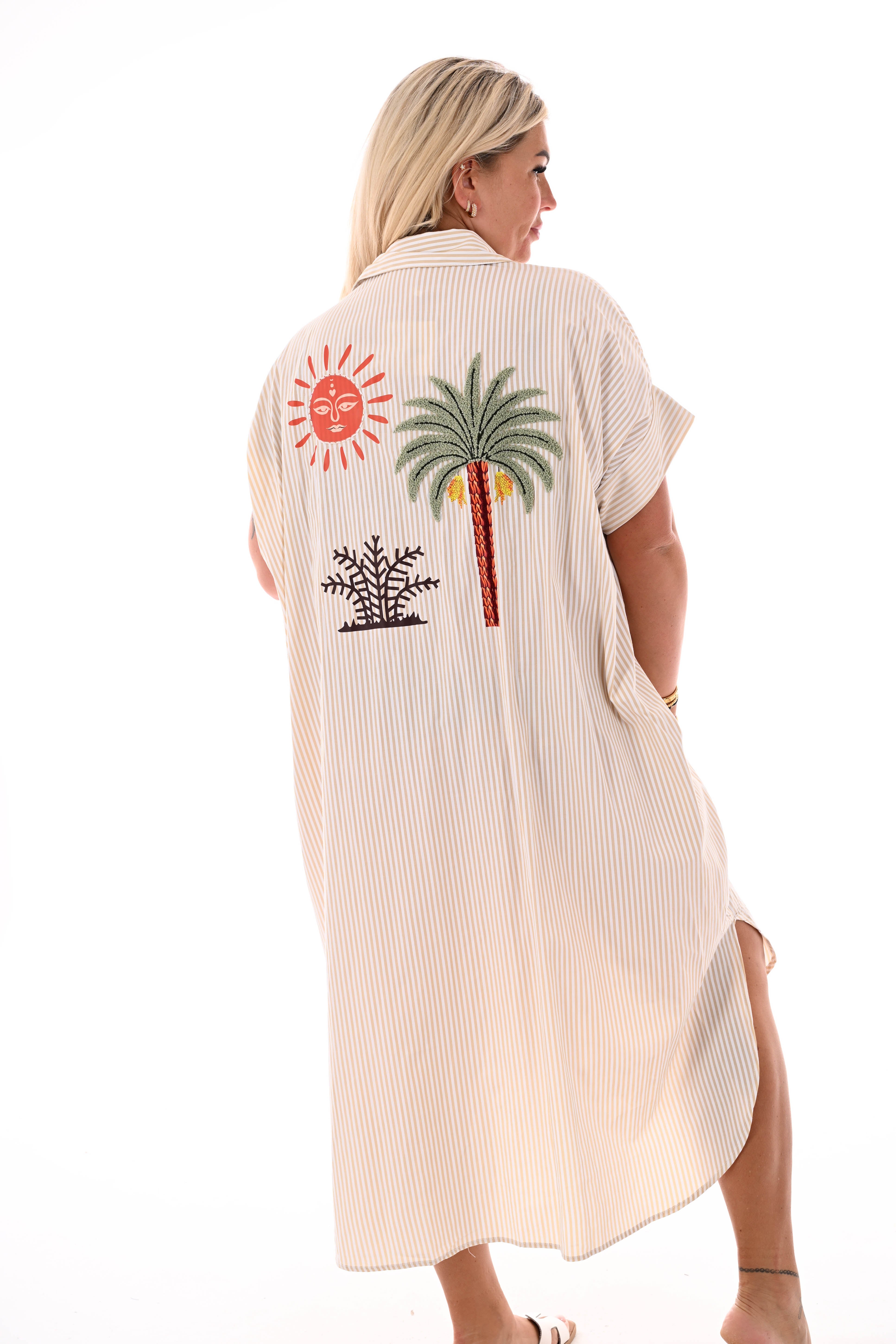 Blouse jurk fijne streepjes palmtree beige