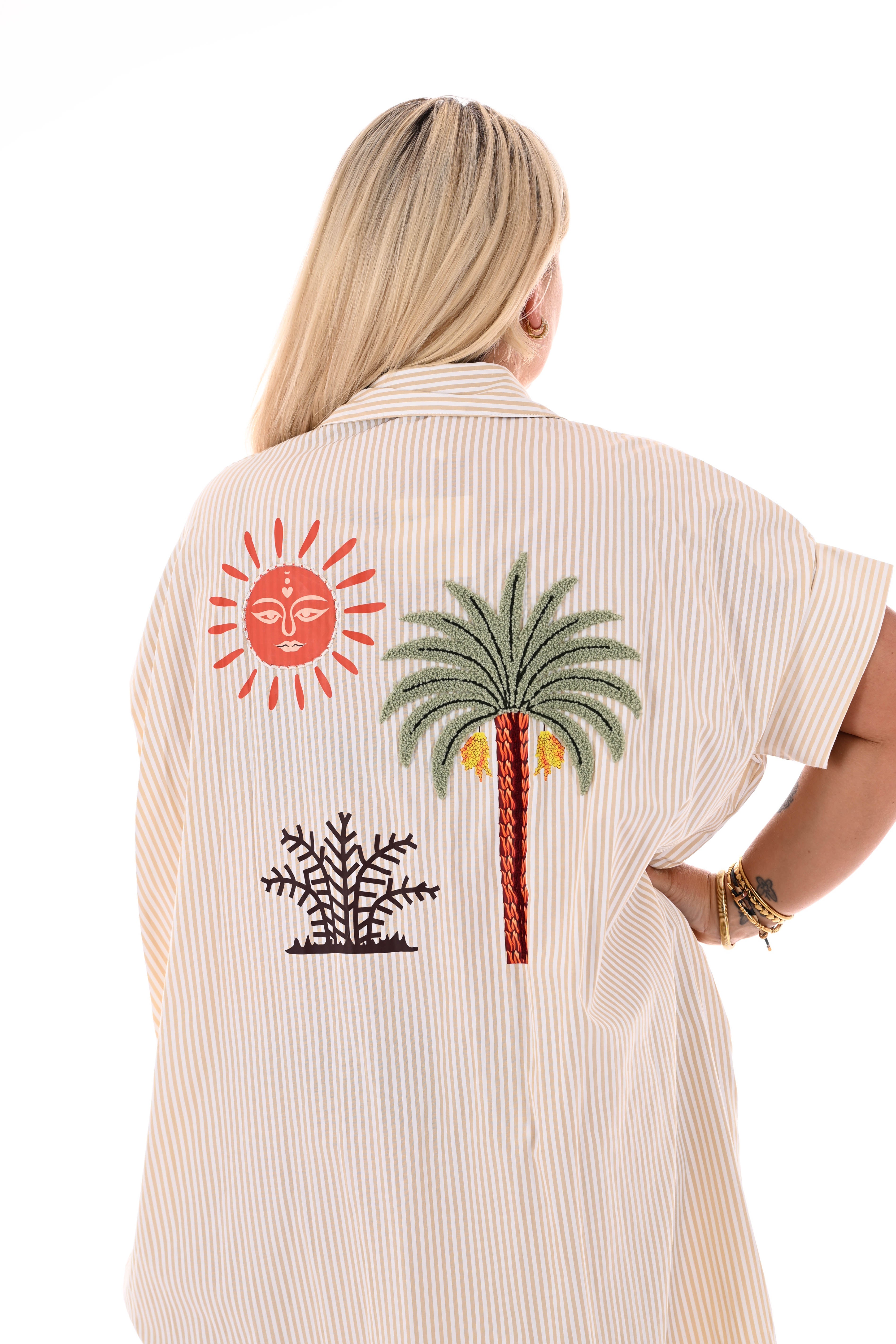 Blouse jurk fijne streepjes palmtree beige