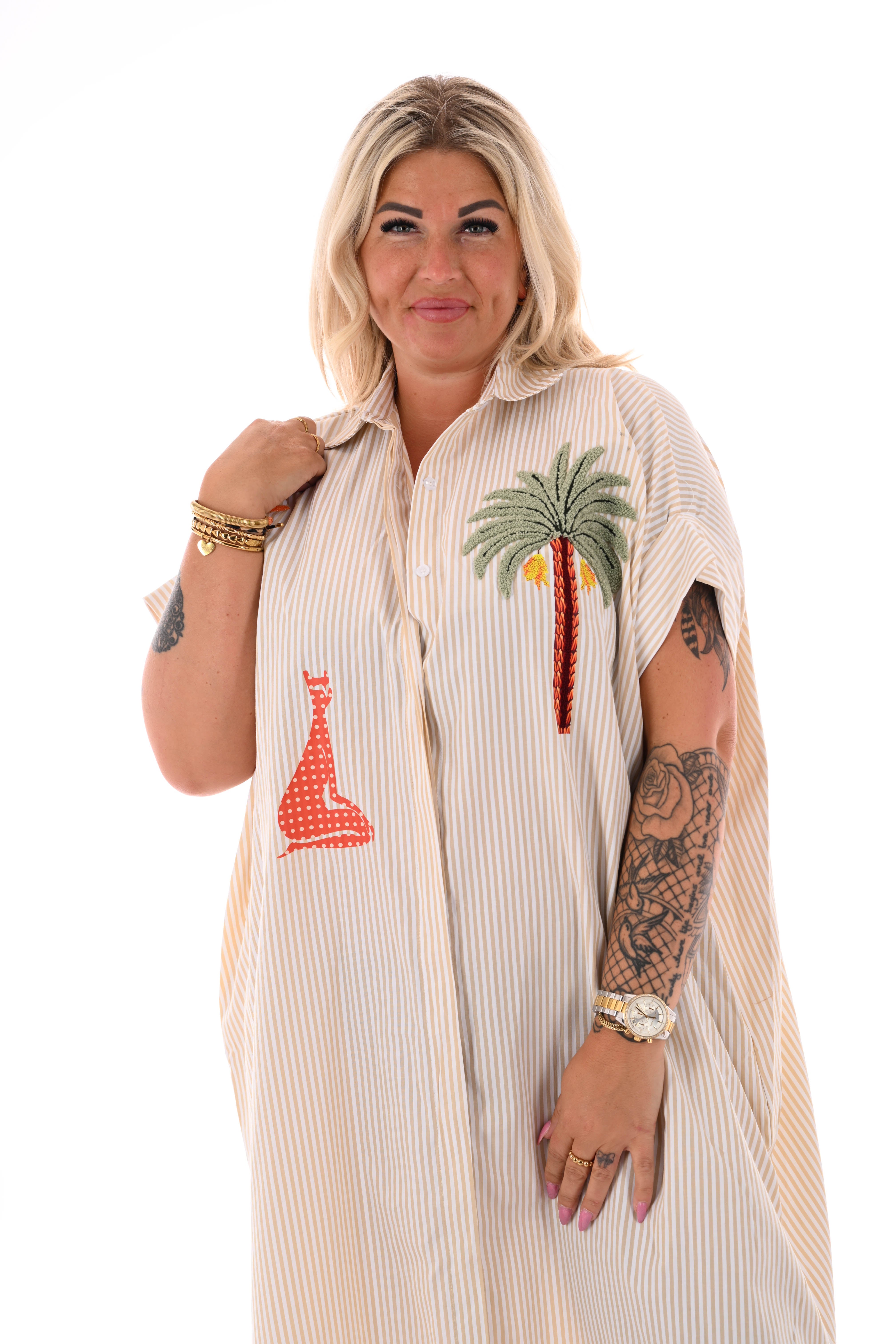 Blouse jurk fijne streepjes palmtree beige