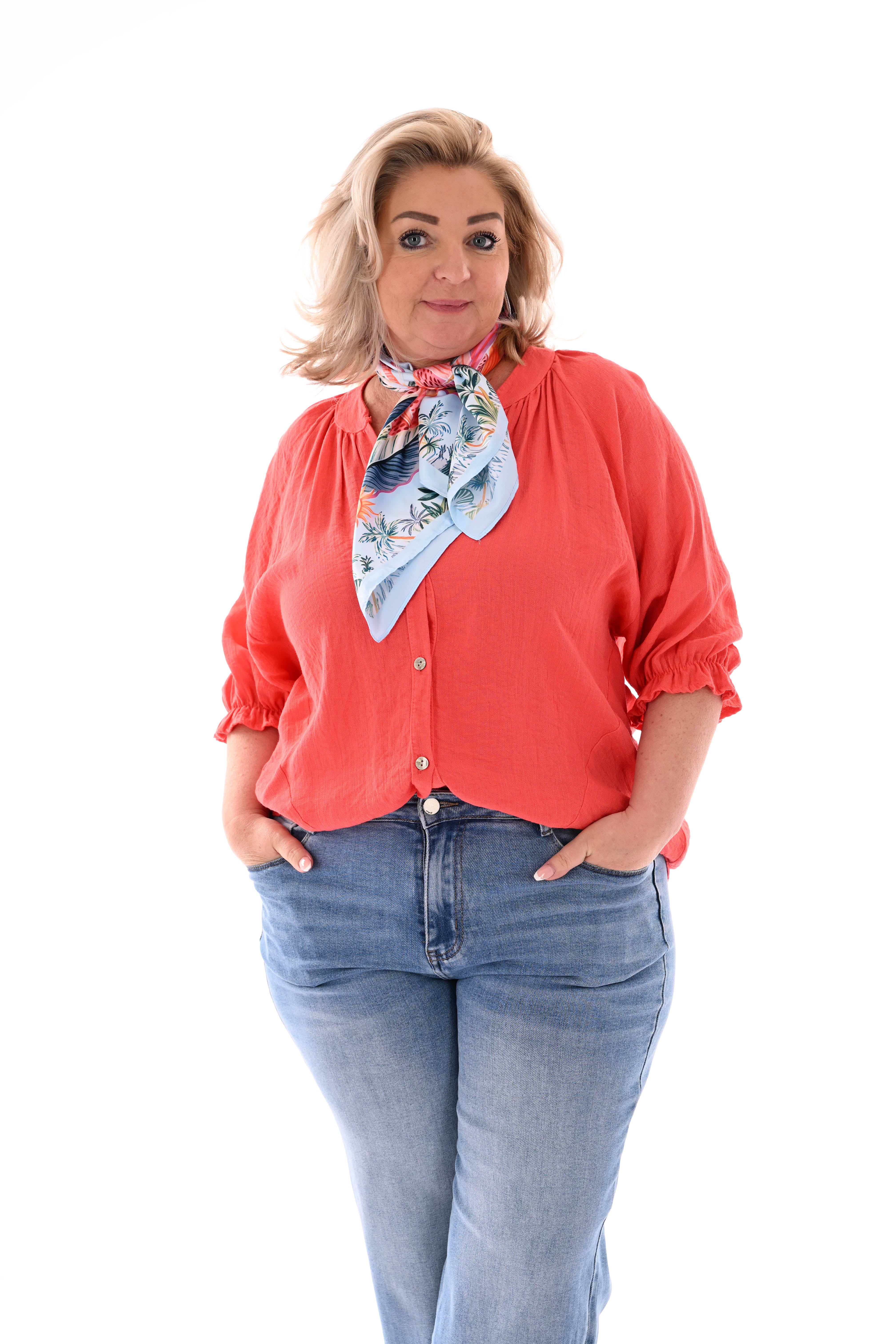 Blouse v-hals korte roezelmouwen koraal