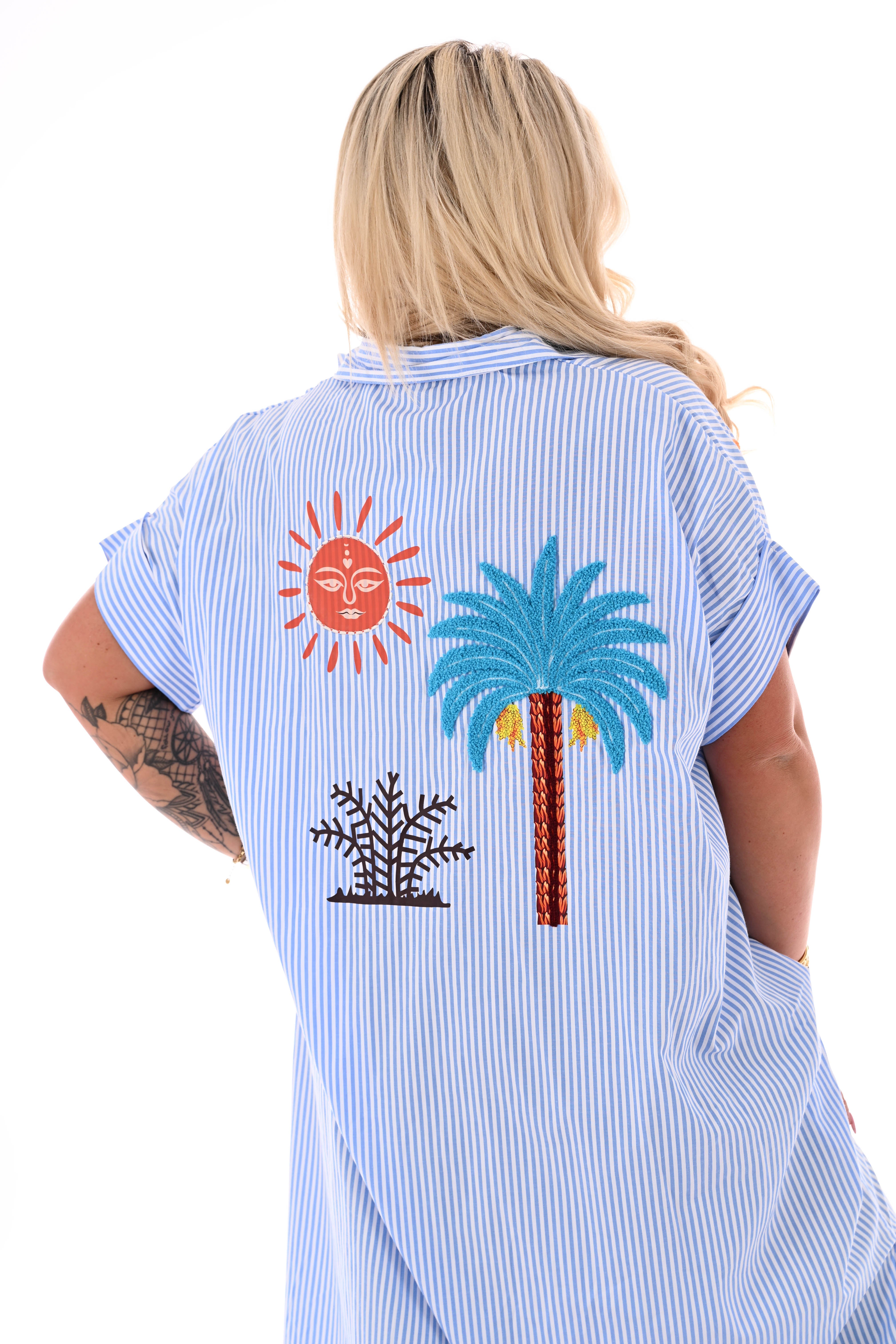 Blouse jurk fijne streepjes palmtree lichtblauw